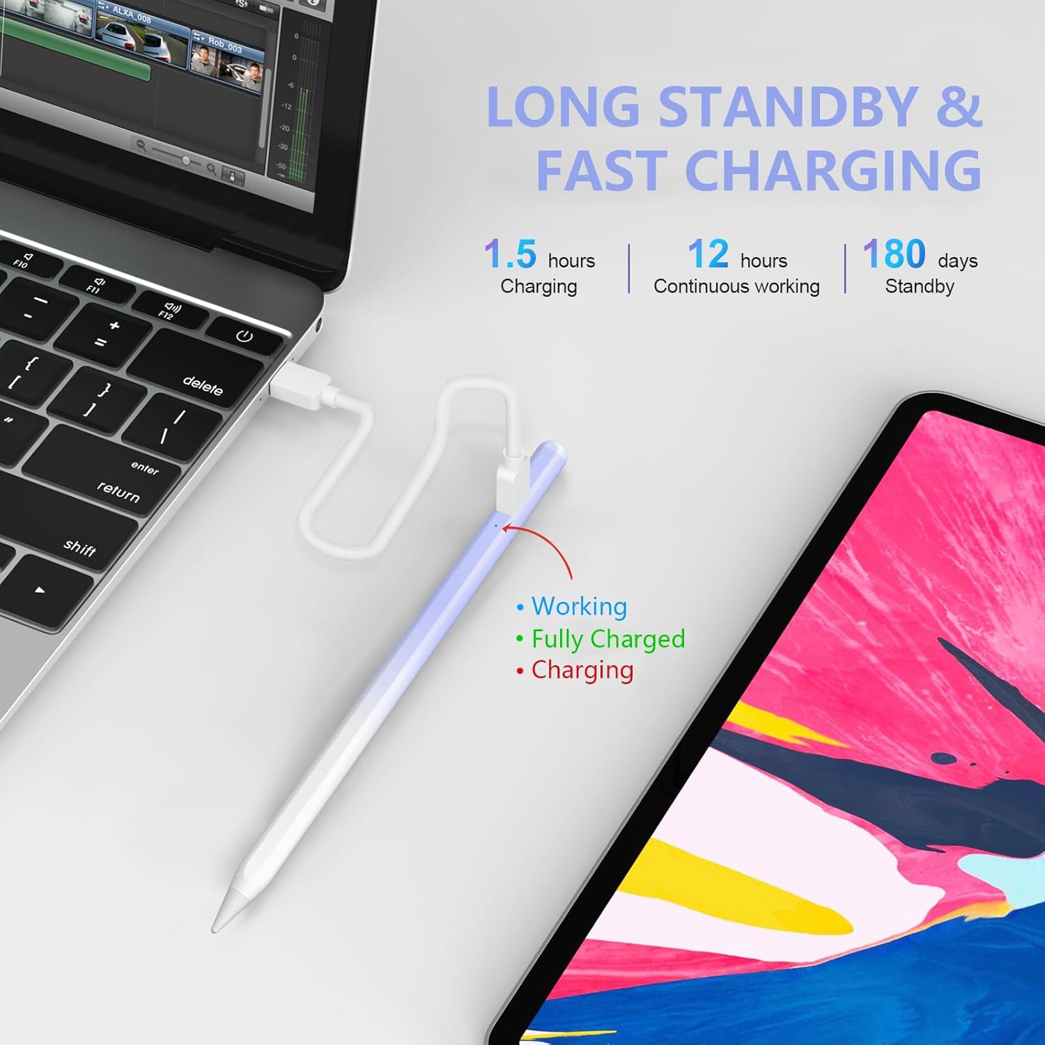 Stylet pour iPad, stylet Active Pencil pour iPad 10ᵉ/9ᵉ/8ᵉ/7ᵉ/6ᵉ Generation, iPad Pro 11/12.9&nbsp;po, iPad Air 5ᵉ/4ᵉ/3ᵉ gén, gris ciel