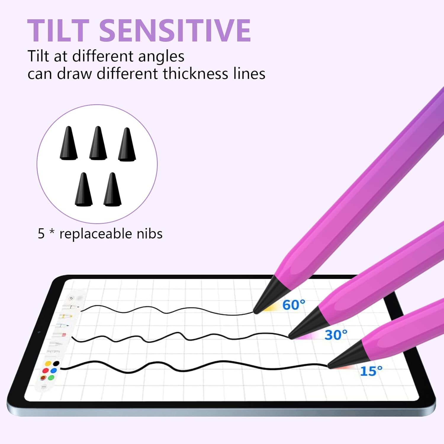 Stylet pour iPad, stylet Active Pencil pour iPad 10ᵉ/9ᵉ/8ᵉ/7ᵉ/6ᵉ Generation, iPad Pro 11/12.9&nbsp;po, iPad Air 5ᵉ/4ᵉ/3ᵉ gén, violet rose rouge