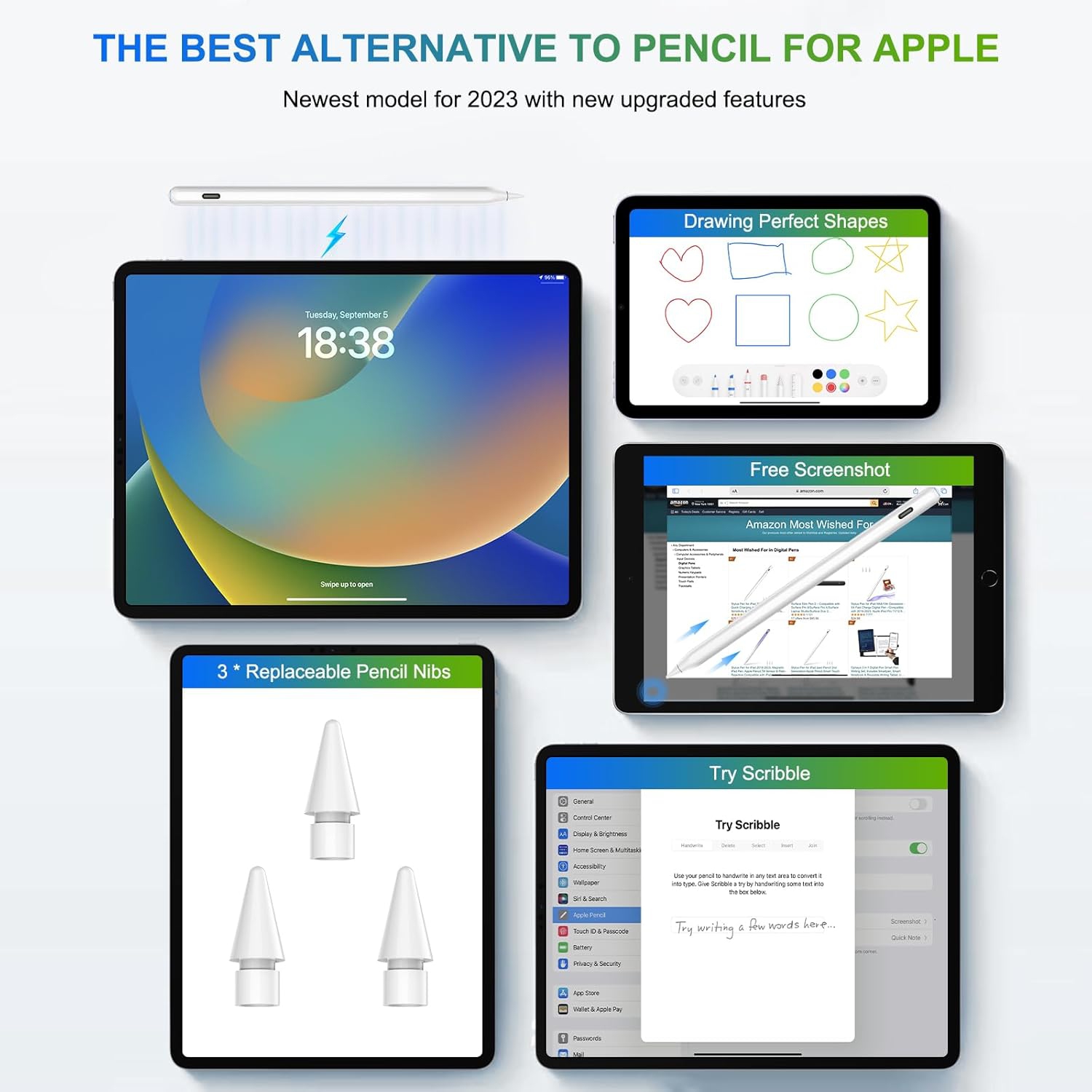 Recharge sans fil Pencil, stylet pour iPad avec rejet d'inclinaison, stylet magnétique pour iPad Air, iPad mini, iPad, iPad Pro, blanc froid