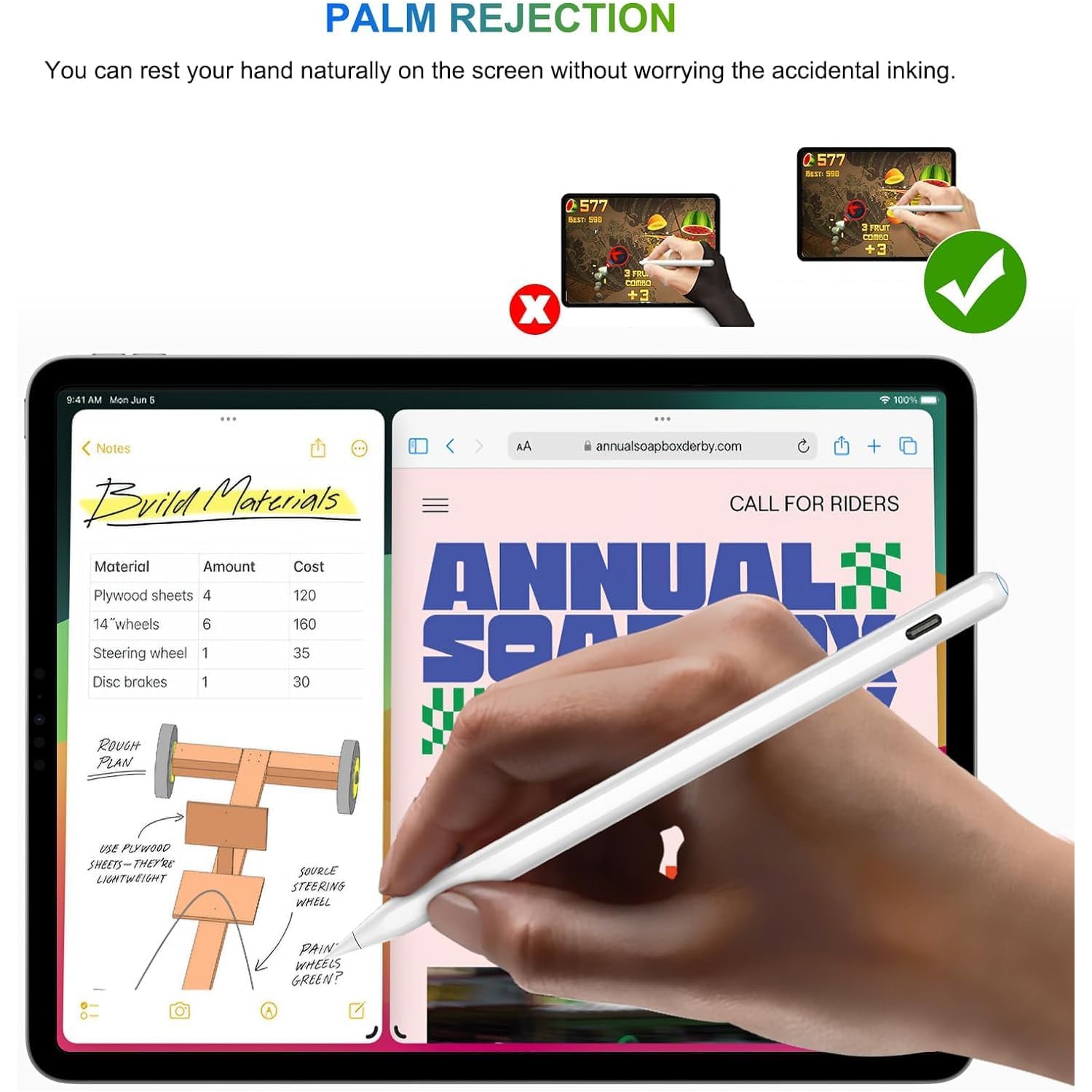 Recharge sans fil Pencil, stylet pour iPad avec rejet d'inclinaison, stylet magnétique pour iPad Air, iPad mini, iPad, iPad Pro, blanc froid