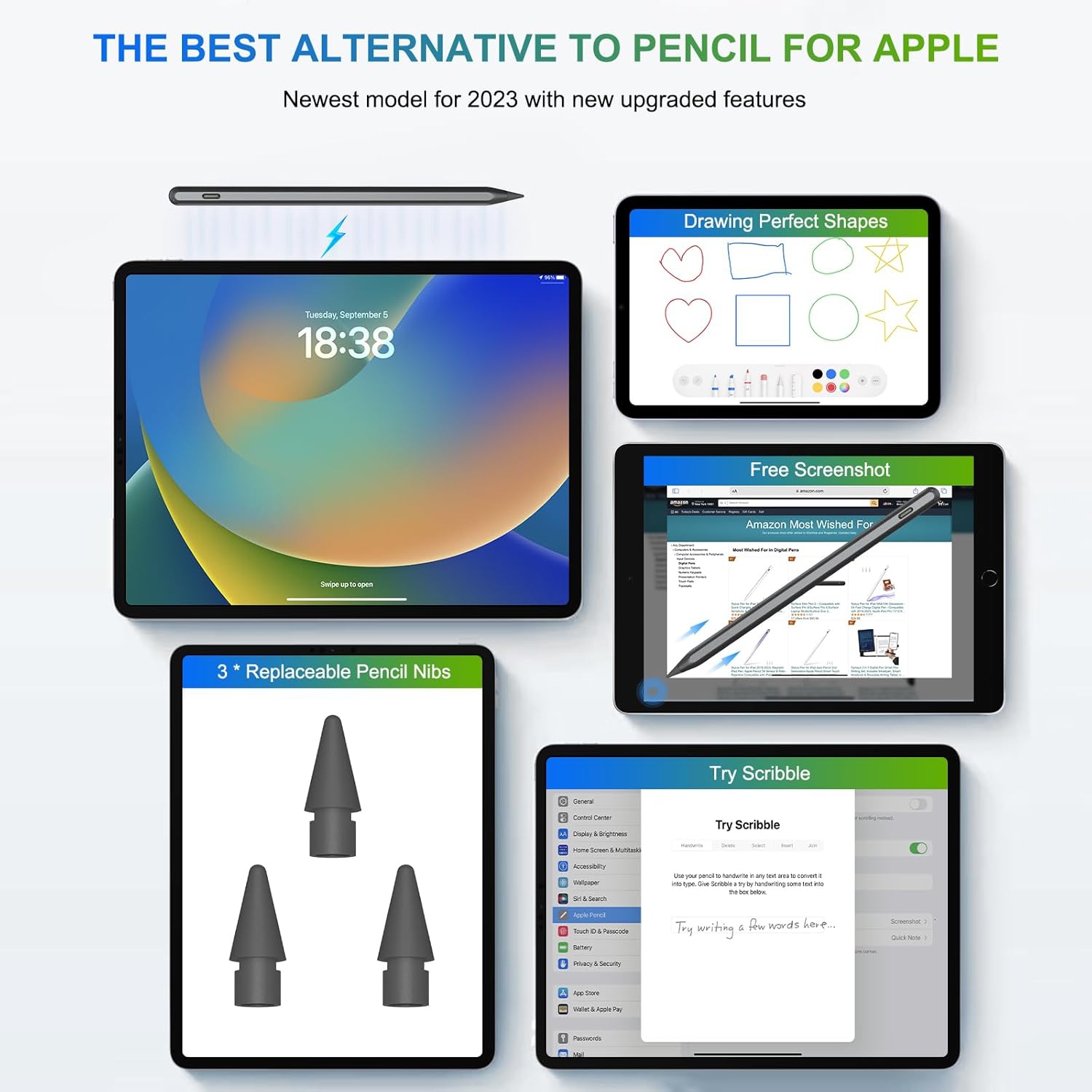 Recharge sans fil Pencil, stylet pour iPad avec rejet d'inclinaison, stylet magnétique pour iPad Air, iPad mini, iPad, iPad Pro, noir étoilé