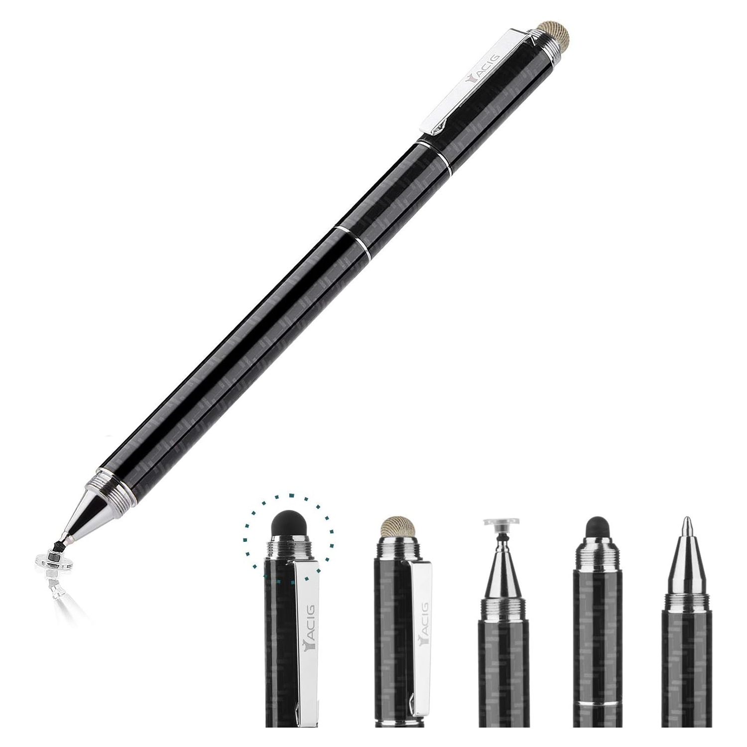 4-in-1 High Sensitivity Stylus Pen, Stylus Clear Disc Tip, Black Rubber Tip Compatible with Universal Touch Screen Device, Black