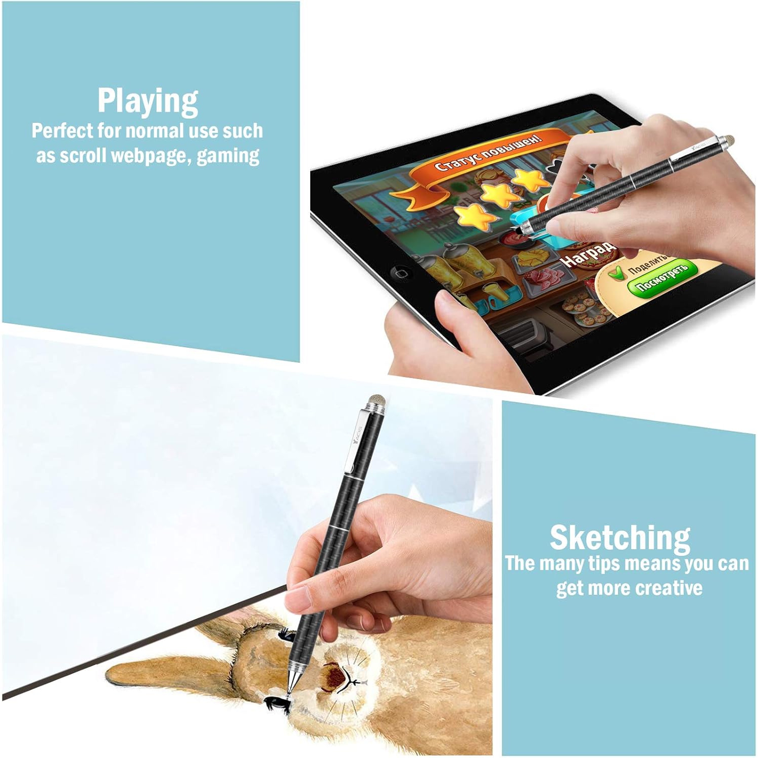 4-in-1 High Sensitivity Stylus Pen, Stylus Clear Disc Tip, Black Rubber Tip Compatible with Universal Touch Screen Device, Black