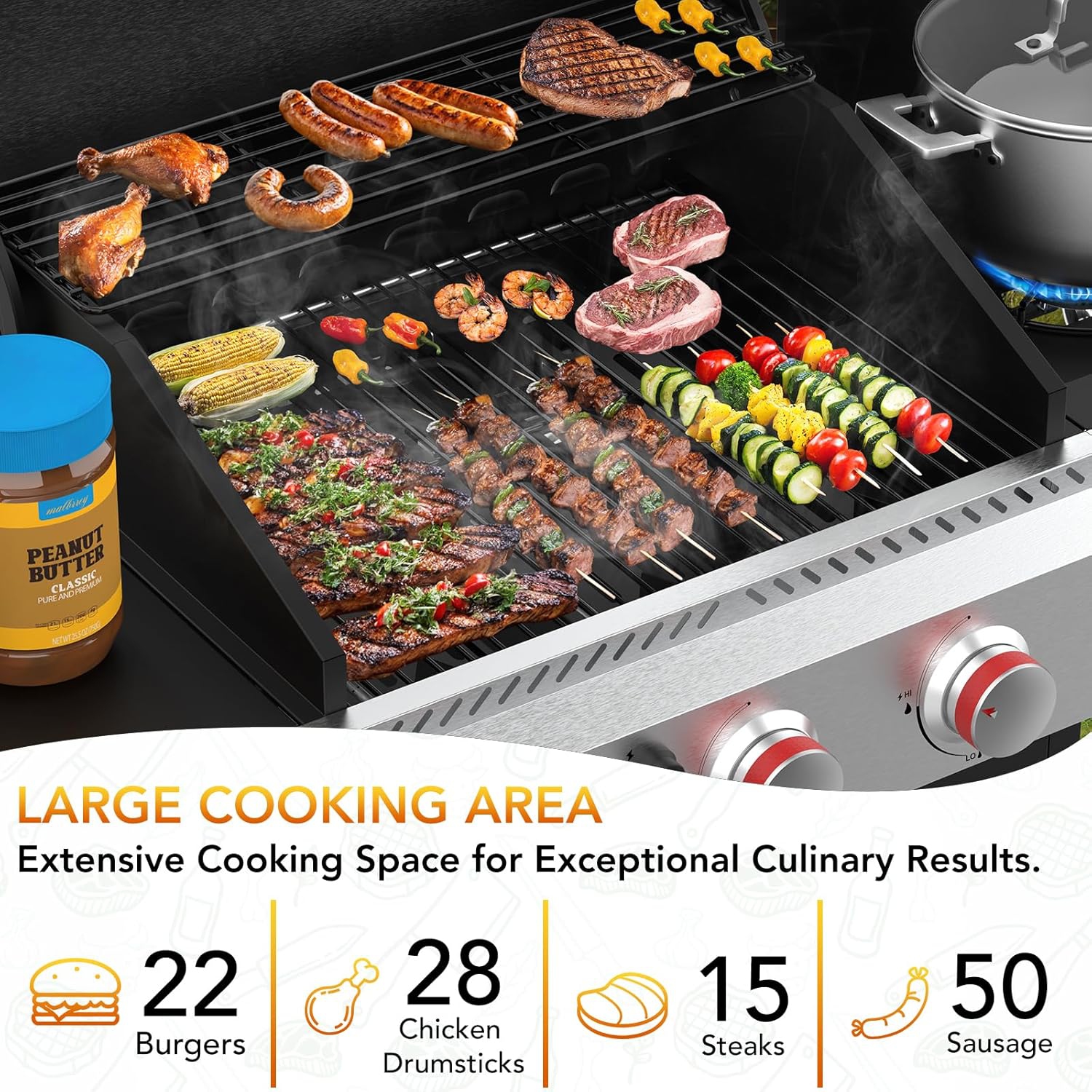 Barbecue au gaz propane à 3 brûleurs avec brûleur latéral, barbecue en acier inoxydable avec grilles en fonte émaillée, barbecue 37000&nbsp;BTU,