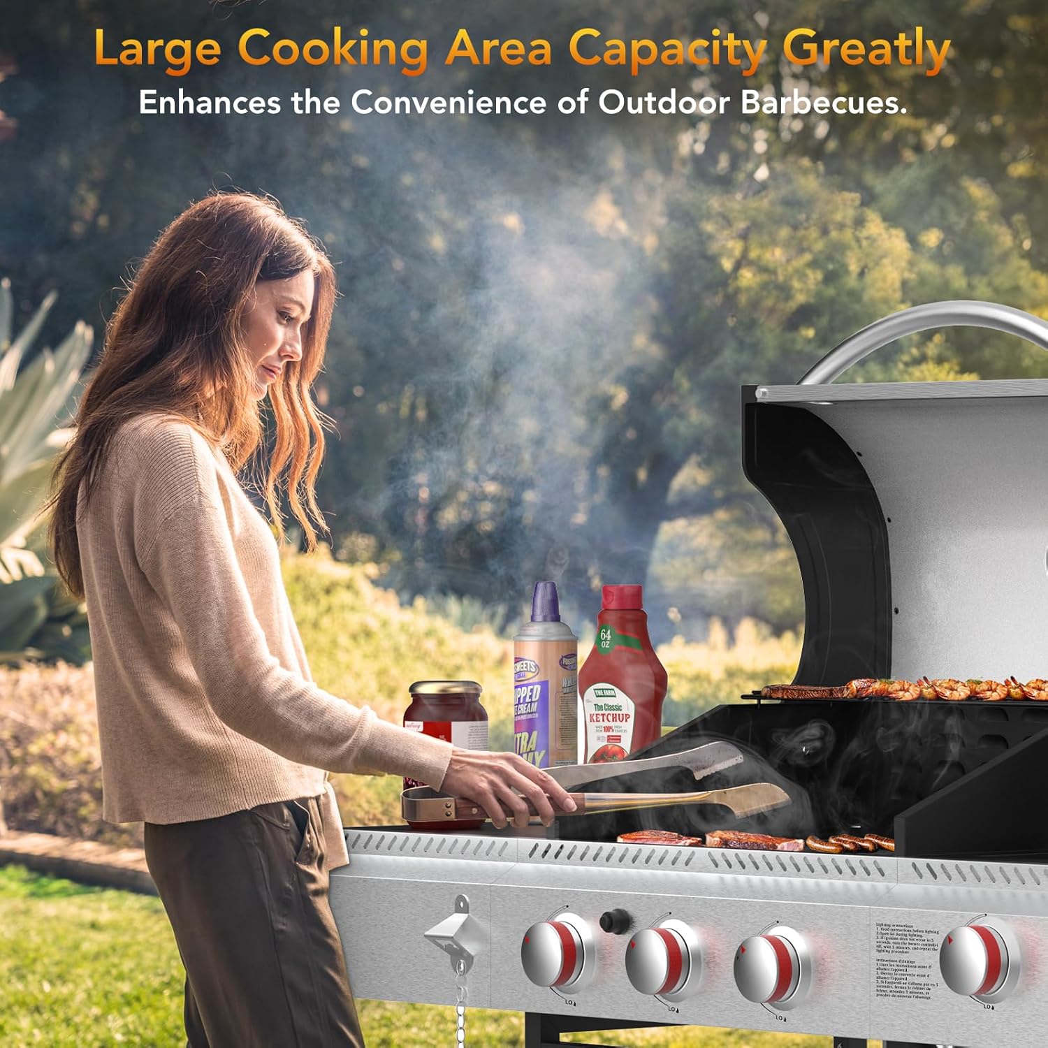 Barbecue au gaz propane à 3 brûleurs avec brûleur latéral, barbecue en acier inoxydable avec grilles en fonte émaillée, barbecue 37000&nbsp;BTU,