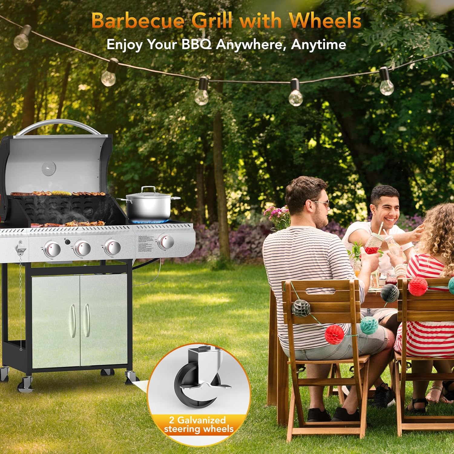 Barbecue au gaz propane à 3 brûleurs avec brûleur latéral, barbecue en acier inoxydable avec grilles en fonte émaillée, barbecue 37000&nbsp;BTU,