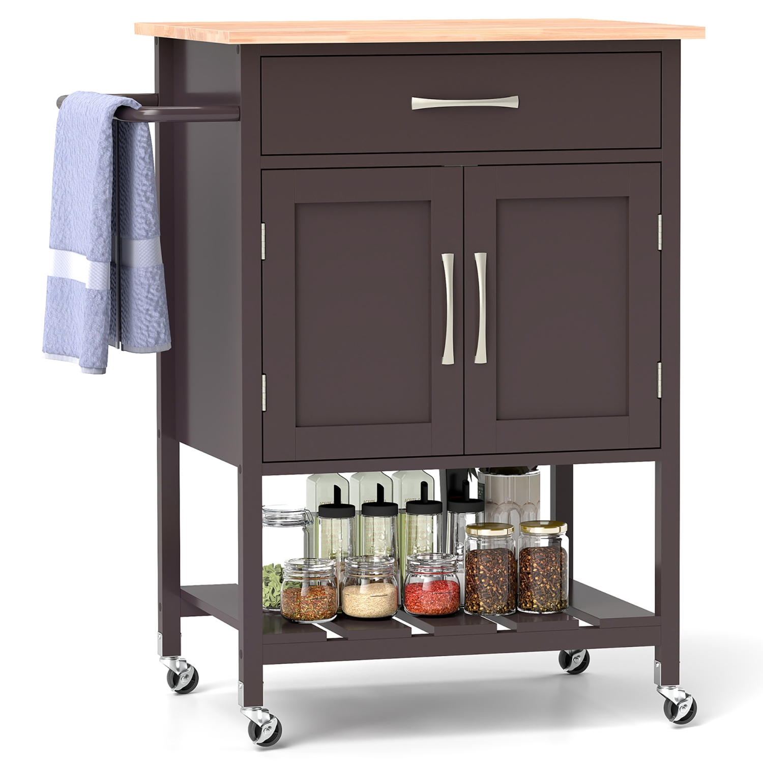 Gymax Rolling Kitchen Island Cart w/ Drawer 2-Door Storage Cabinet Bottom Tray