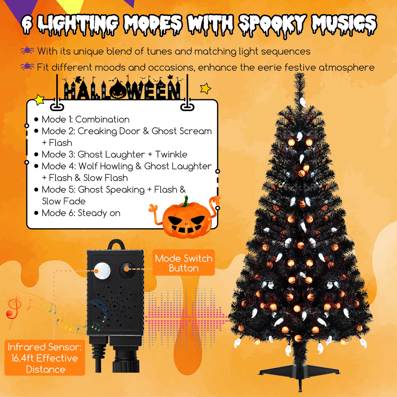 Gymax 4.5 FT Pre-Lit Artificial Halloween Christmas Tree w/ 6 Lighting Modes