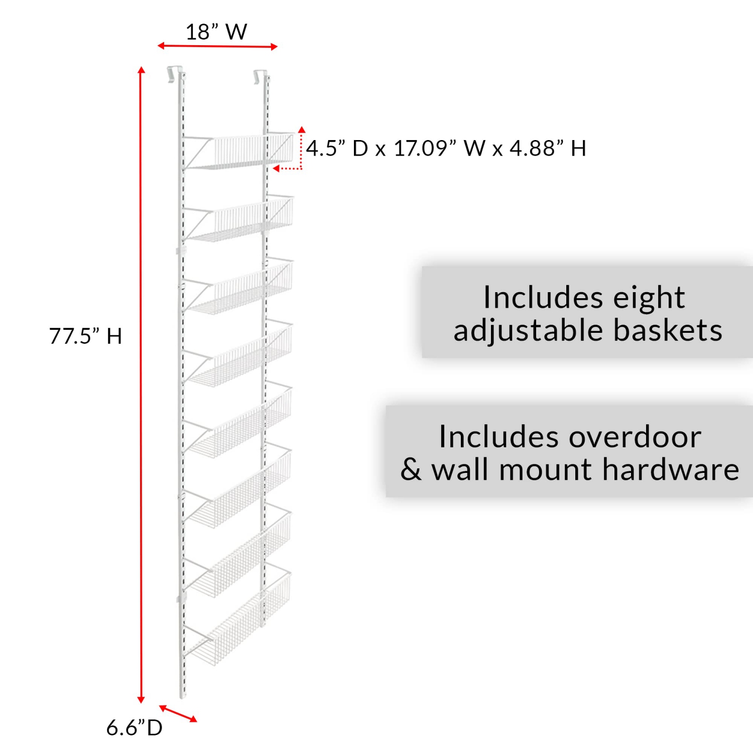 ClosetMaid 97535 Adjustable Wall & Door 8-Tier Basket Organizer, 18",White