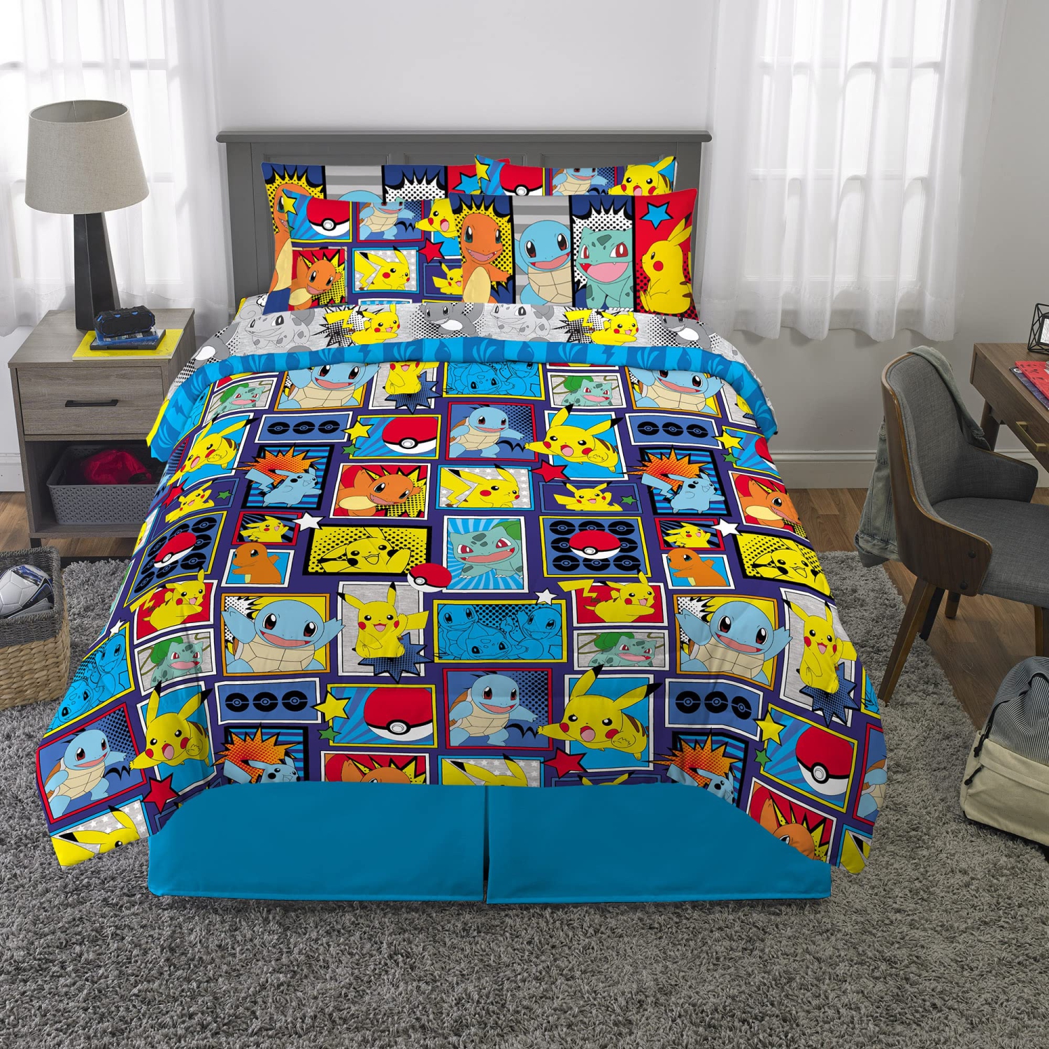 Literie pour enfants Franco – Ensemble de draps et couvre-lit en microfibre ultra-doux avec couvre-oreiller, 7 pièces pleine grandeur, Pokémon