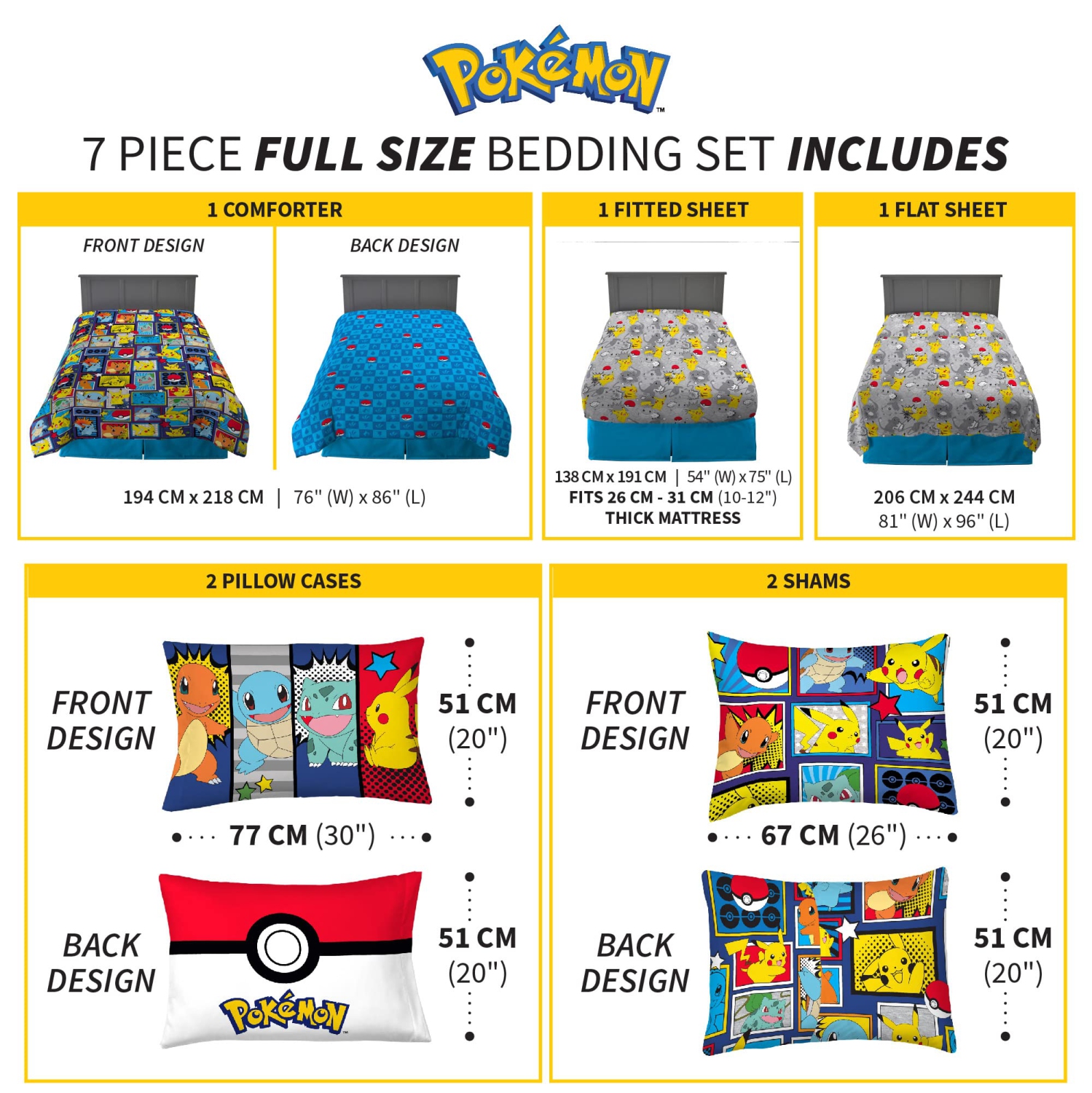 Literie pour enfants Franco – Ensemble de draps et couvre-lit en microfibre ultra-doux avec couvre-oreiller, 7 pièces pleine grandeur, Pokémon