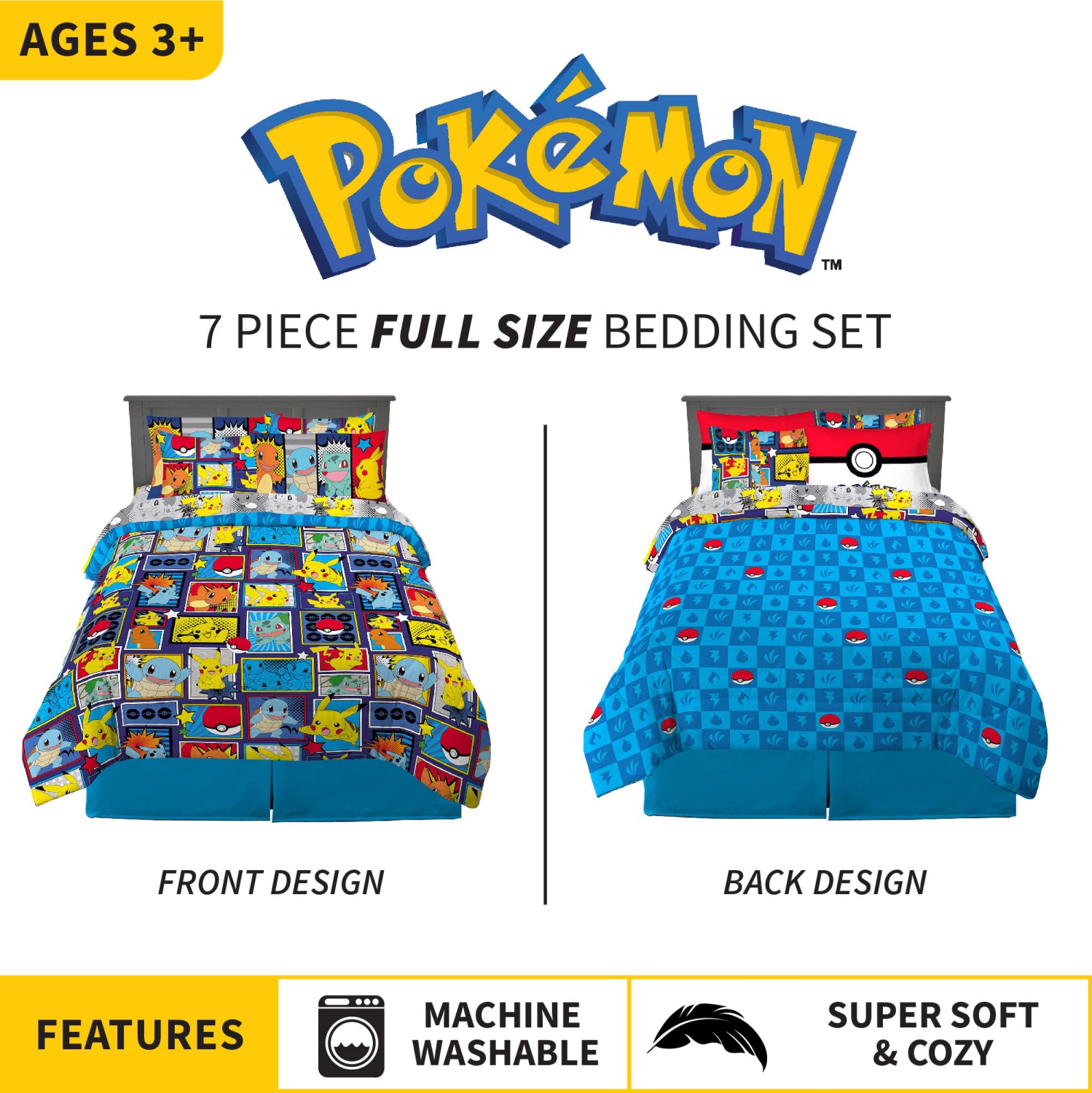 Literie pour enfants Franco – Ensemble de draps et couvre-lit en microfibre ultra-doux avec couvre-oreiller, 7 pièces pleine grandeur, Pokémon