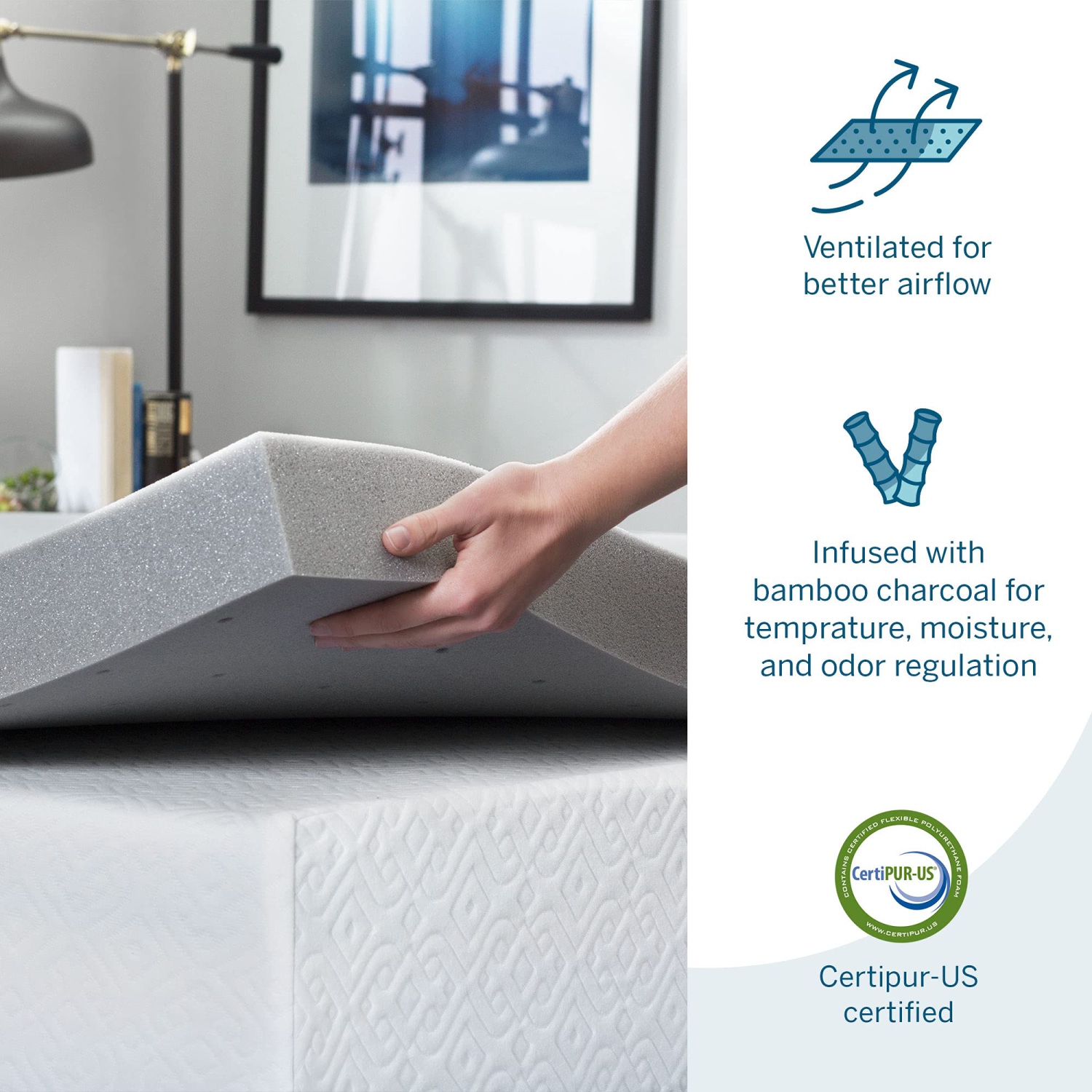 Lucid 3 Inch Bamboo Charcoal Memory Foam Mattress Topper, Queen