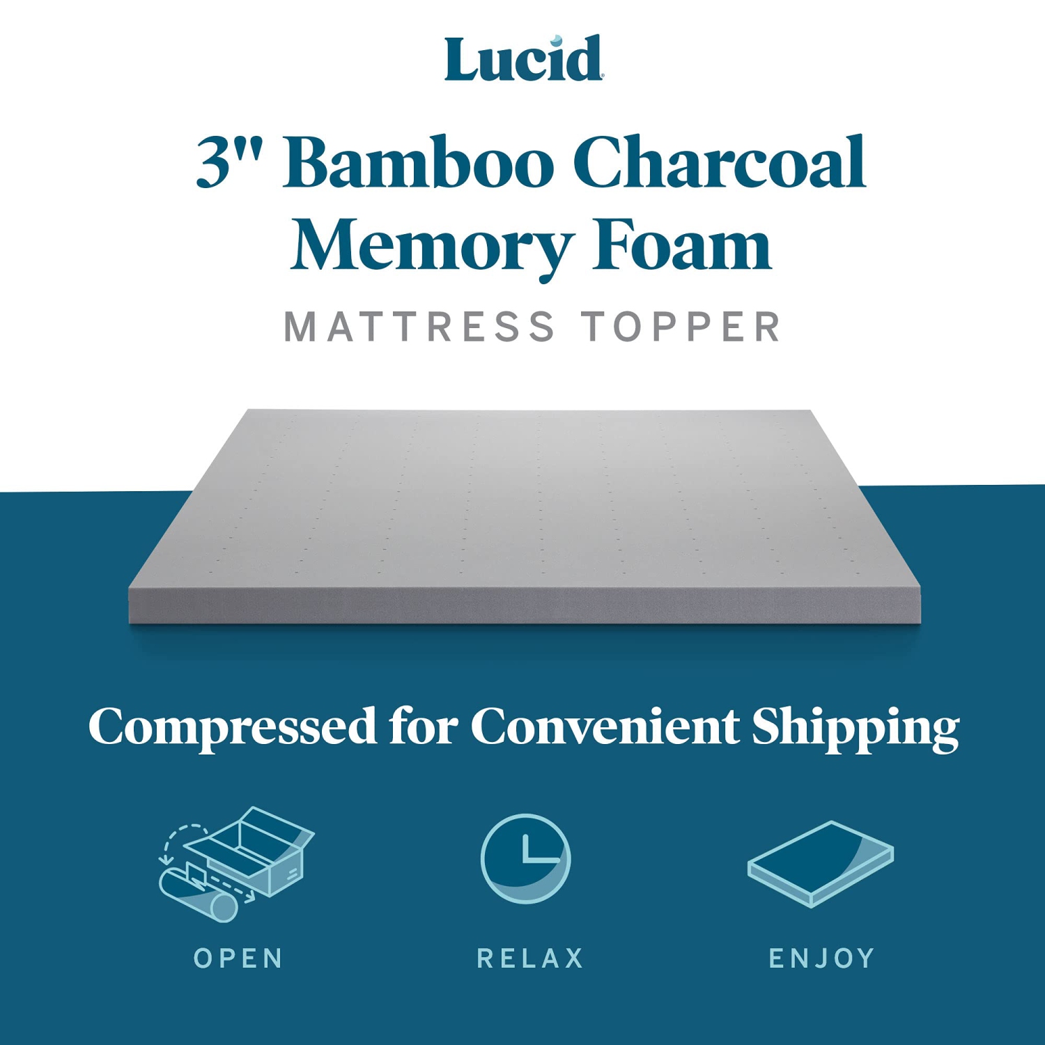 Lucid 3 Inch Bamboo Charcoal Memory Foam Mattress Topper, Queen