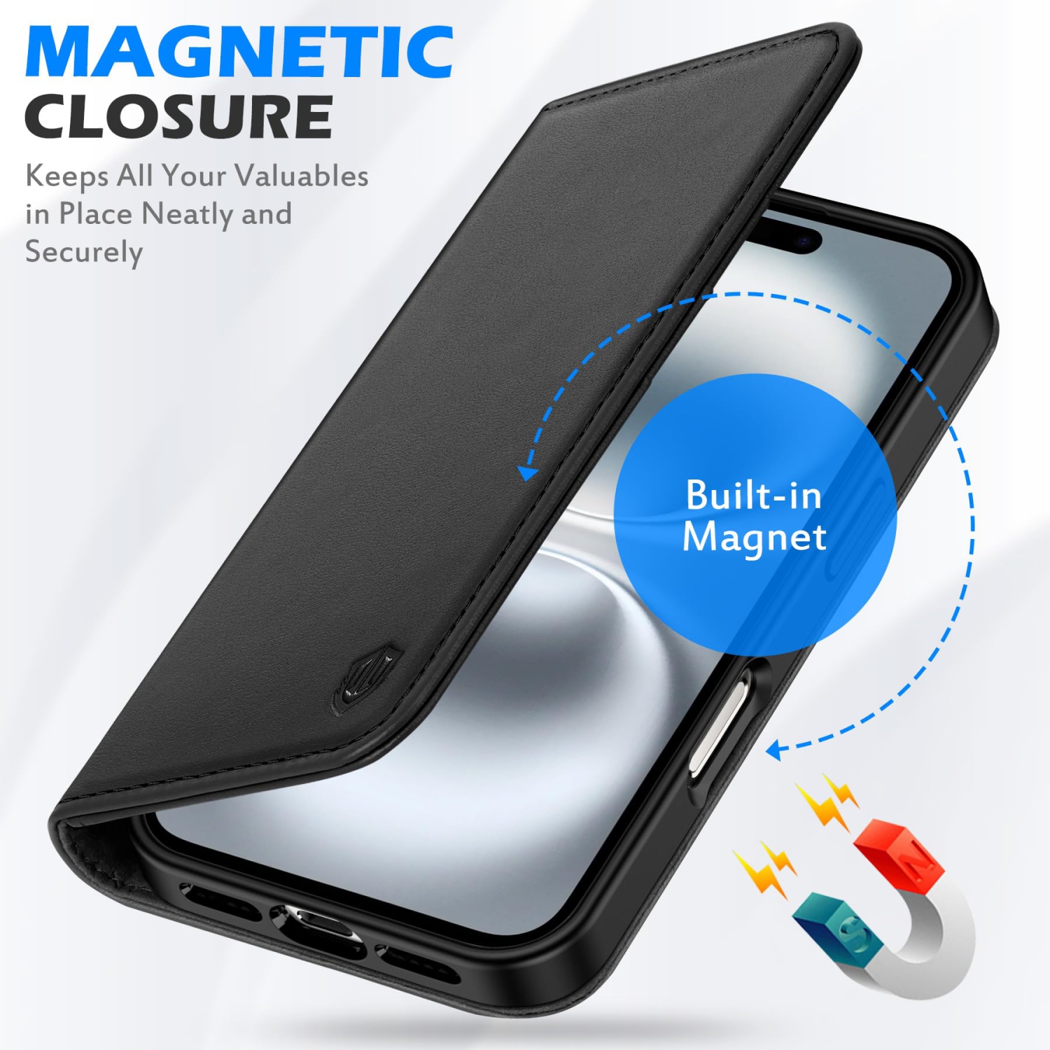 iPhone 16 Plus 6.7" 2024, Genuine Leather Flip Wallet Case with Kickstand RFID Blocking Card Holder Magnetic Case Compatible with iPhone 16 Plus 5G -