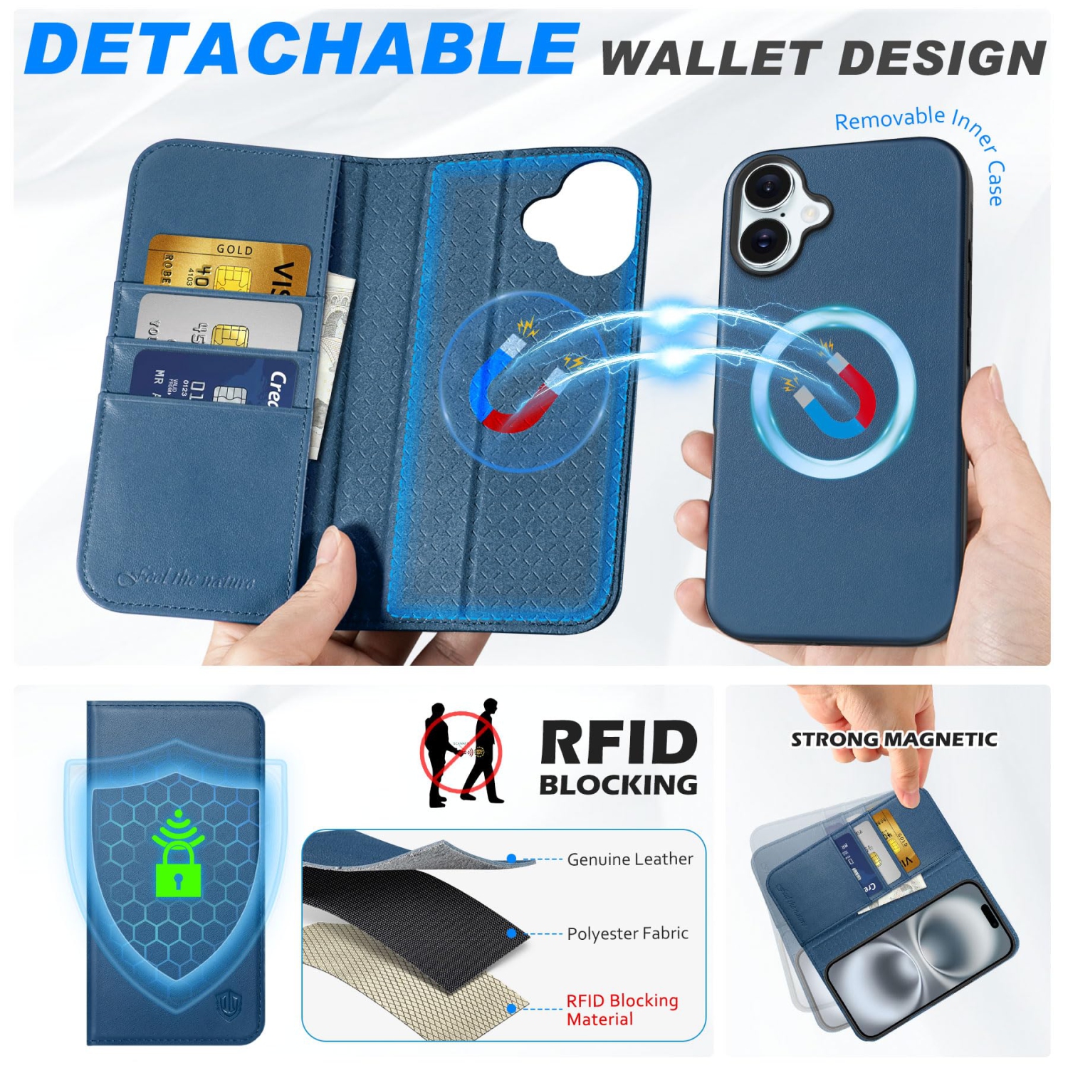 iPhone 16 Plus 6.7-inch, Genuine Leather Detachable Wireless Charging Folio Magnetic Kickstand RFID Blocking Card Slots Cover Compatible with iPhone