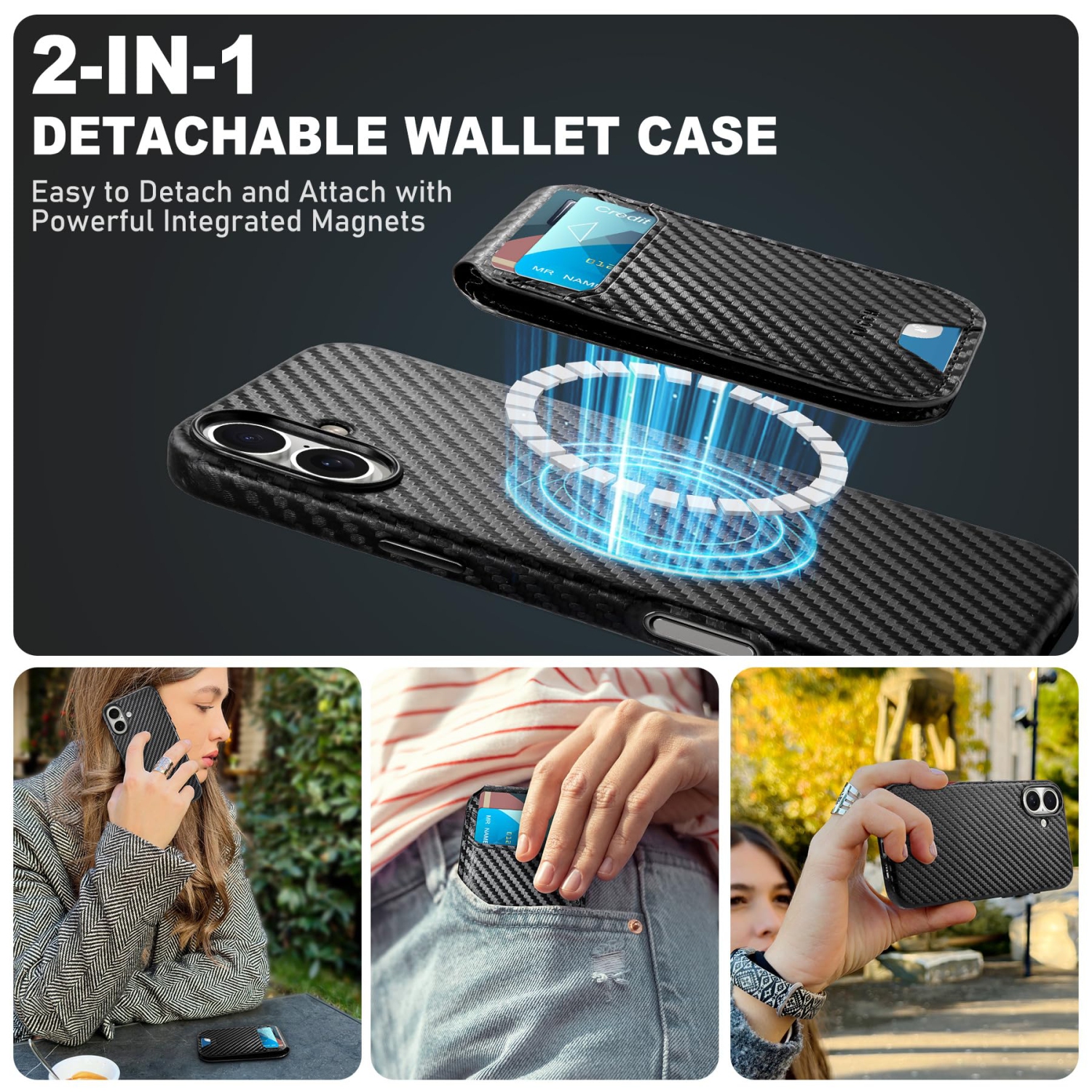 IPhone 16 Plus avec support magnétique amovible pour carte, cuir PU, chargement magnétique sans fil, étui anti-RFID avec iPhone 16 Plus 6,7&nbsp;po,