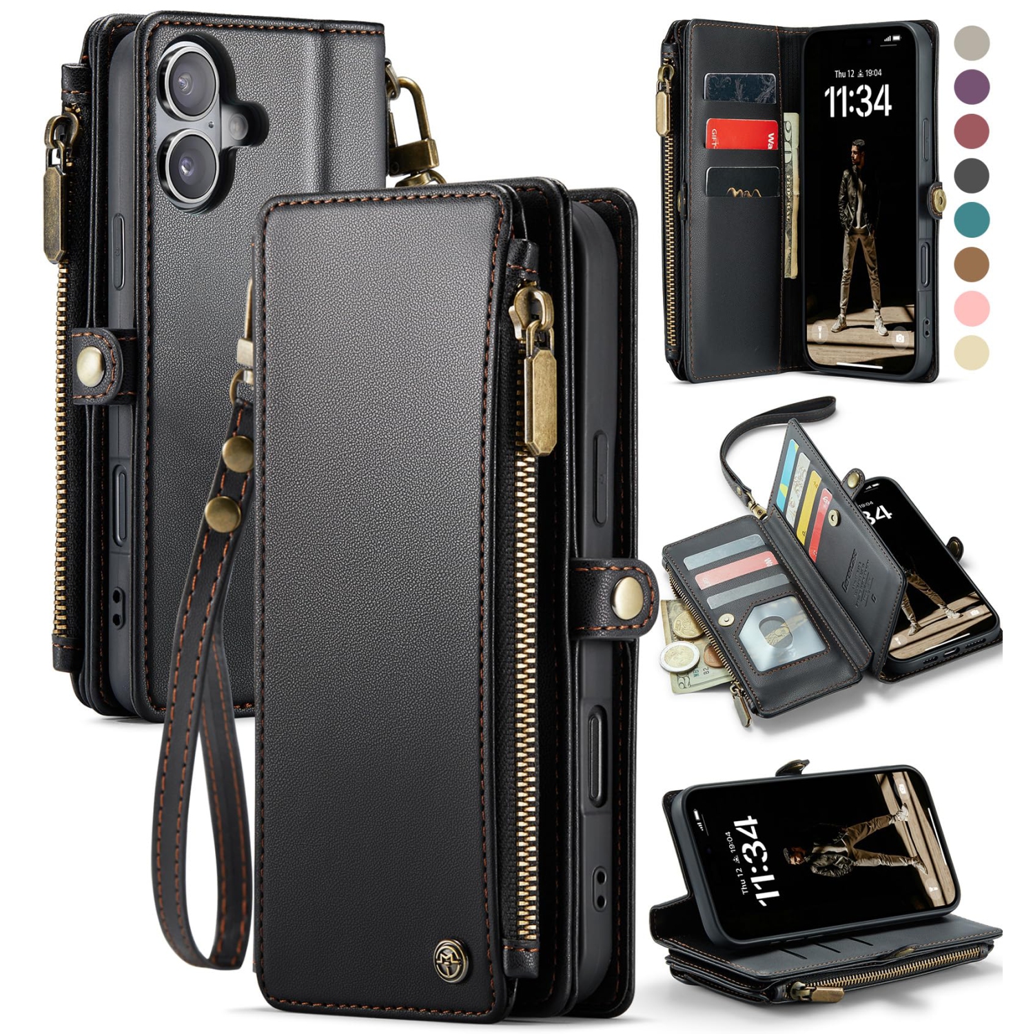 iPhone 16 Plus Case,?RFID Blocking? for iPhone 16 Plus Wallet Case for Woman Men with Card Holder, PU Leather Zipper Strap Magnetic Snap Cover for