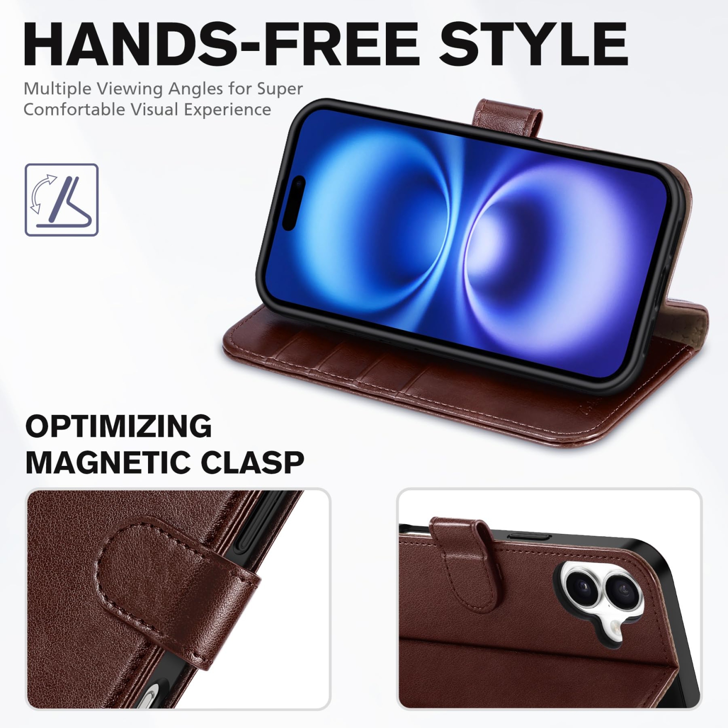 IPhone 16 Plus 6,7&nbsp;po, étui portefeuille avec béquille, étui à rabat magnétique avec blocage RFID, 4 fentes pour cartes, intérieur en TPUR