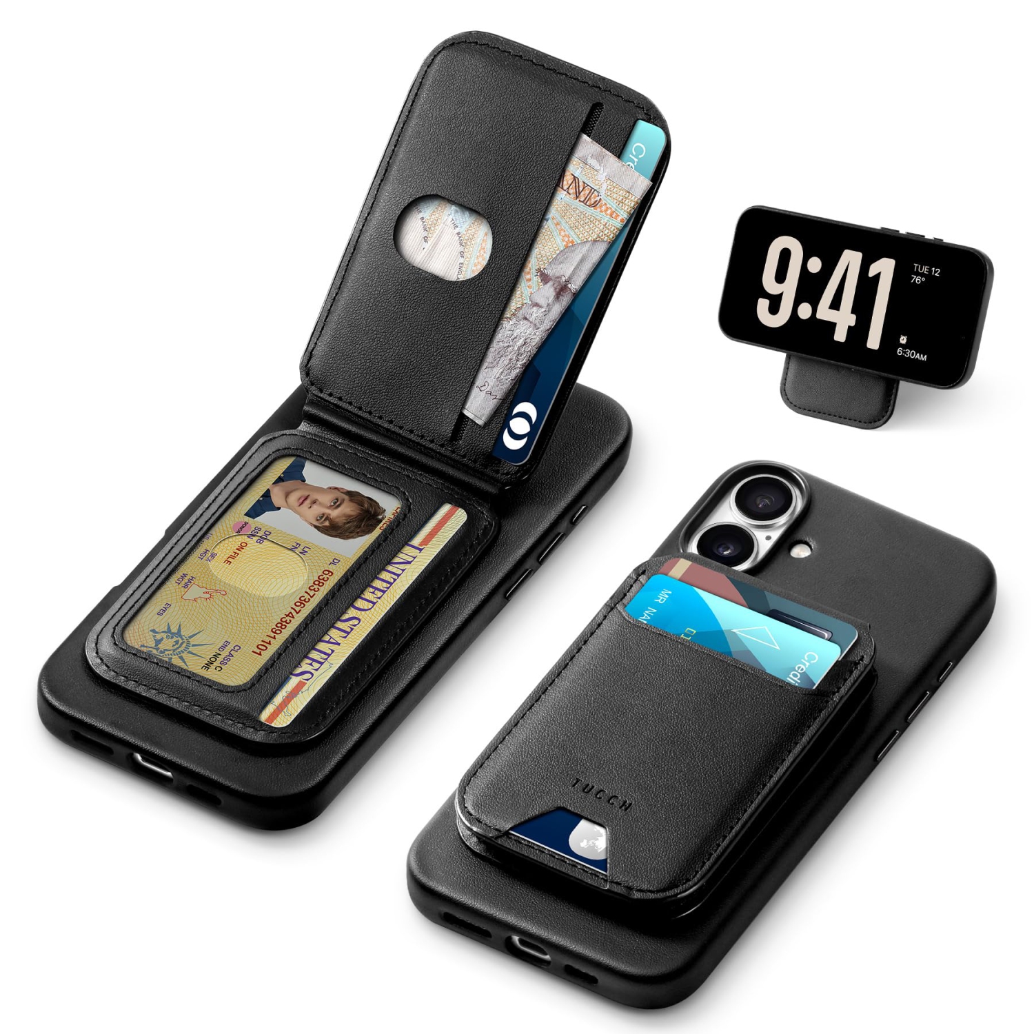 IPhone 16 Plus 6,7&nbsp;po avec portefeuille amovible, 5 porte-cartes Support réglable, chargement sans fil antidérapant, blocage RFID, étui mince en