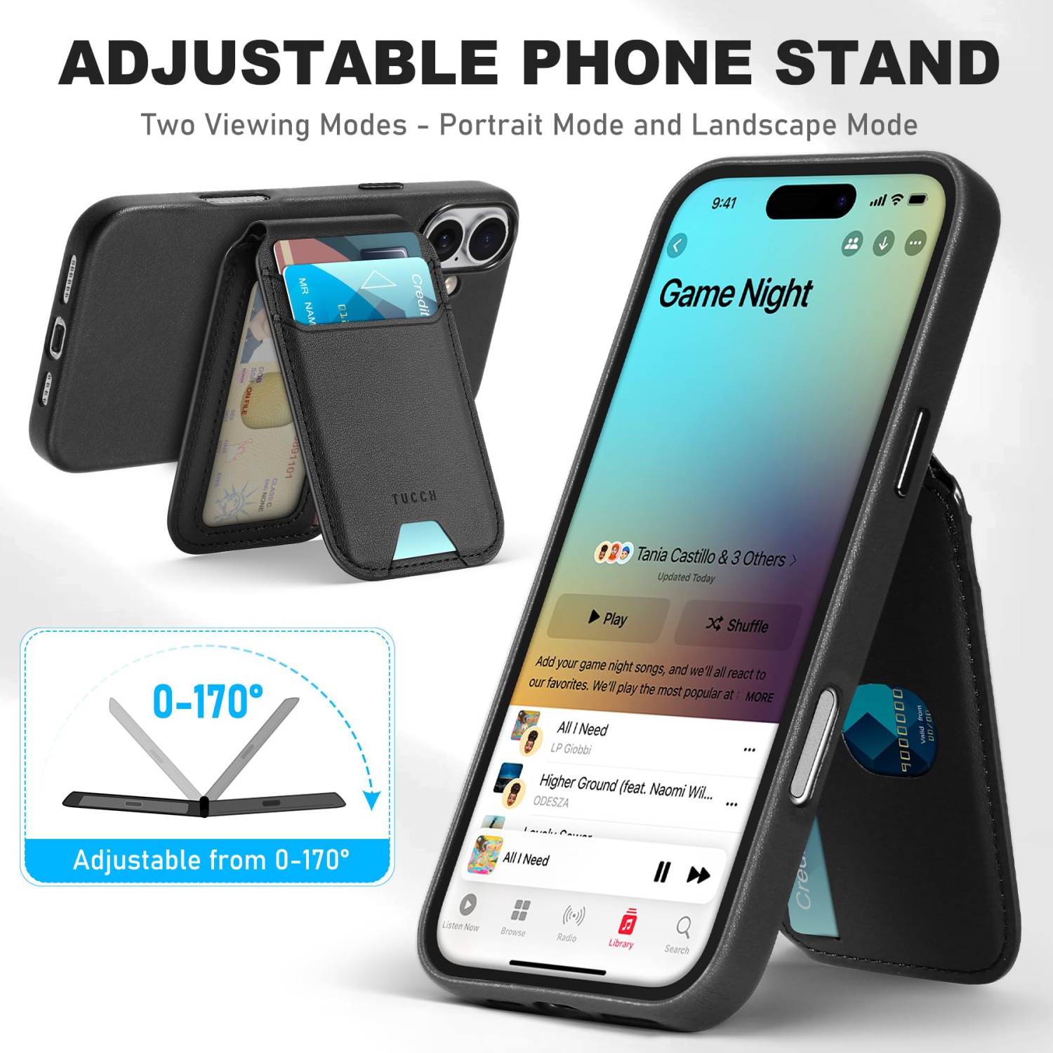 IPhone 16 Plus 6,7&nbsp;po avec portefeuille amovible, 5 porte-cartes Support réglable, chargement sans fil antidérapant, blocage RFID, étui mince en