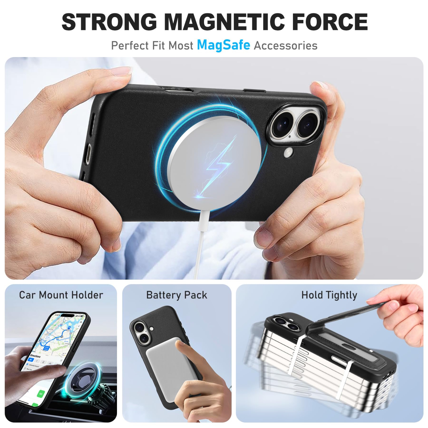 IPhone 16 Plus 6,7&nbsp;po avec portefeuille amovible, 5 porte-cartes Support réglable, chargement sans fil antidérapant, blocage RFID, étui mince en