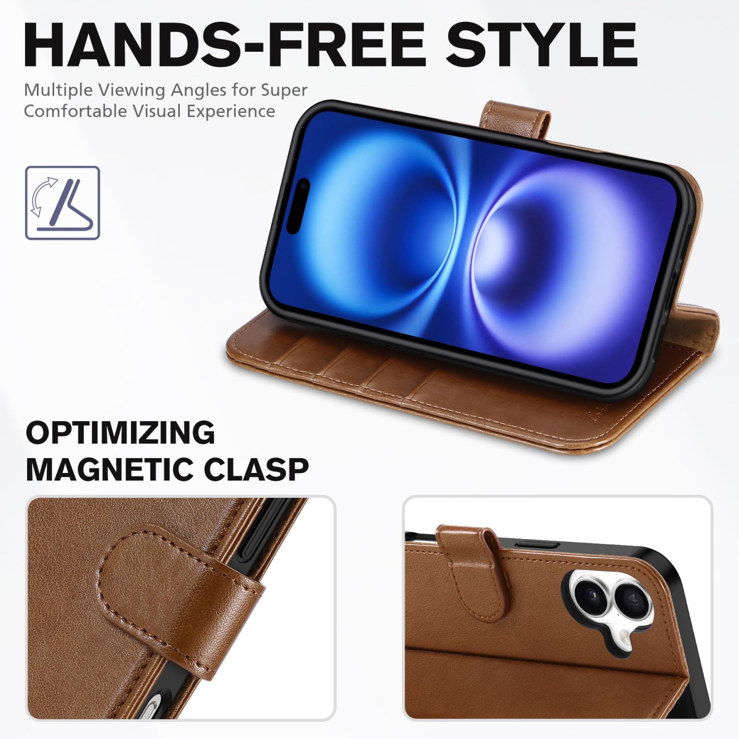 IPhone 16 Plus, blocage RFID 4 porte-cartes béquille antichoc TPU cuir PU, fermeture magnétique, rabat protecteur, compatible avec iPhone 16 Plus 5G