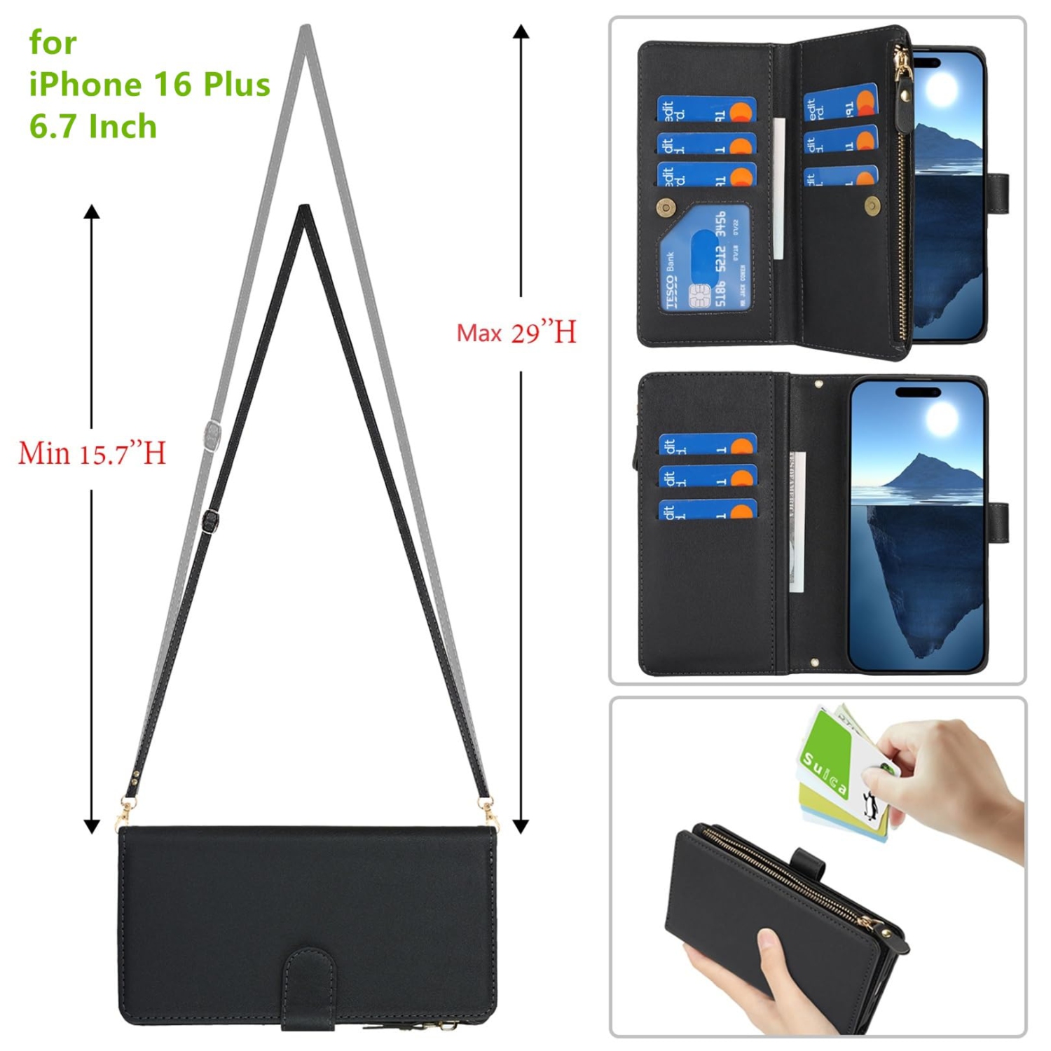 iPhone 16 Plus 5G Phone Case Wallet for Women with Strap,Crossbody Shoulder Lanyard Wallet Case for iPhone 16 Plus with Card Holder,Zipper Pocket PU