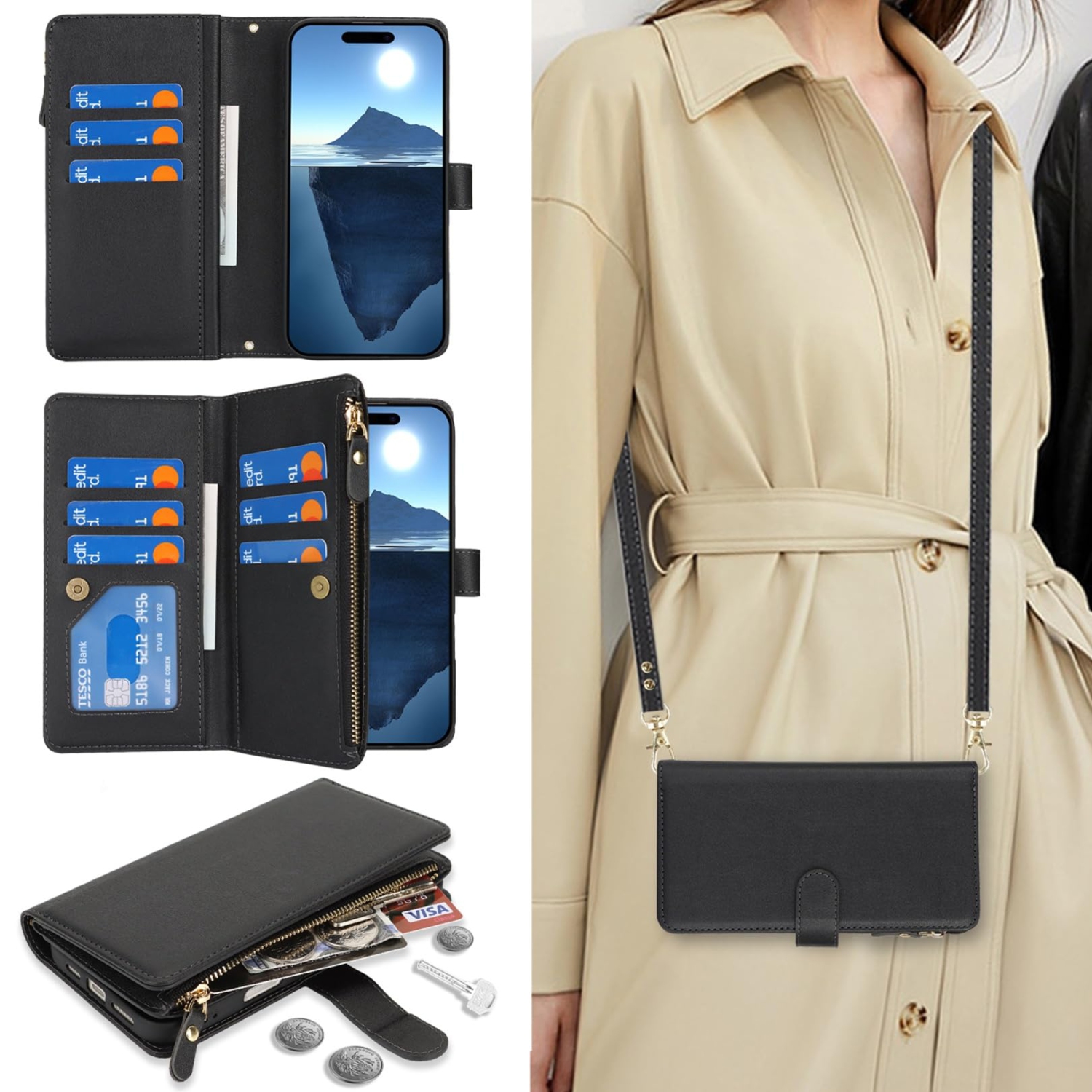 iPhone 16 Plus 5G Phone Case Wallet for Women with Strap,Crossbody Shoulder Lanyard Wallet Case for iPhone 16 Plus with Card Holder,Zipper Pocket PU