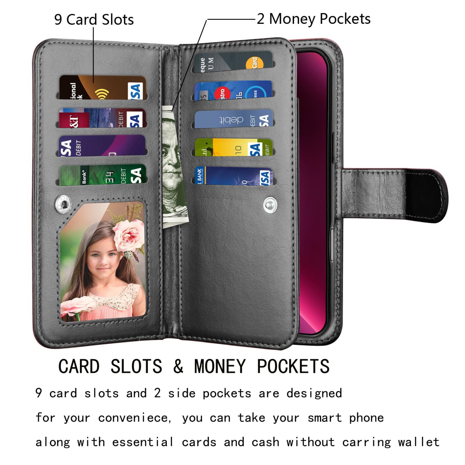 iPhone 16 Plus 6.7" 2024, for iPhone 16 Plus Case, 9 Card Slots PU Leather ID Credit Holder Folio Flip Detachable Kickstand Magnetic Phone Cover &