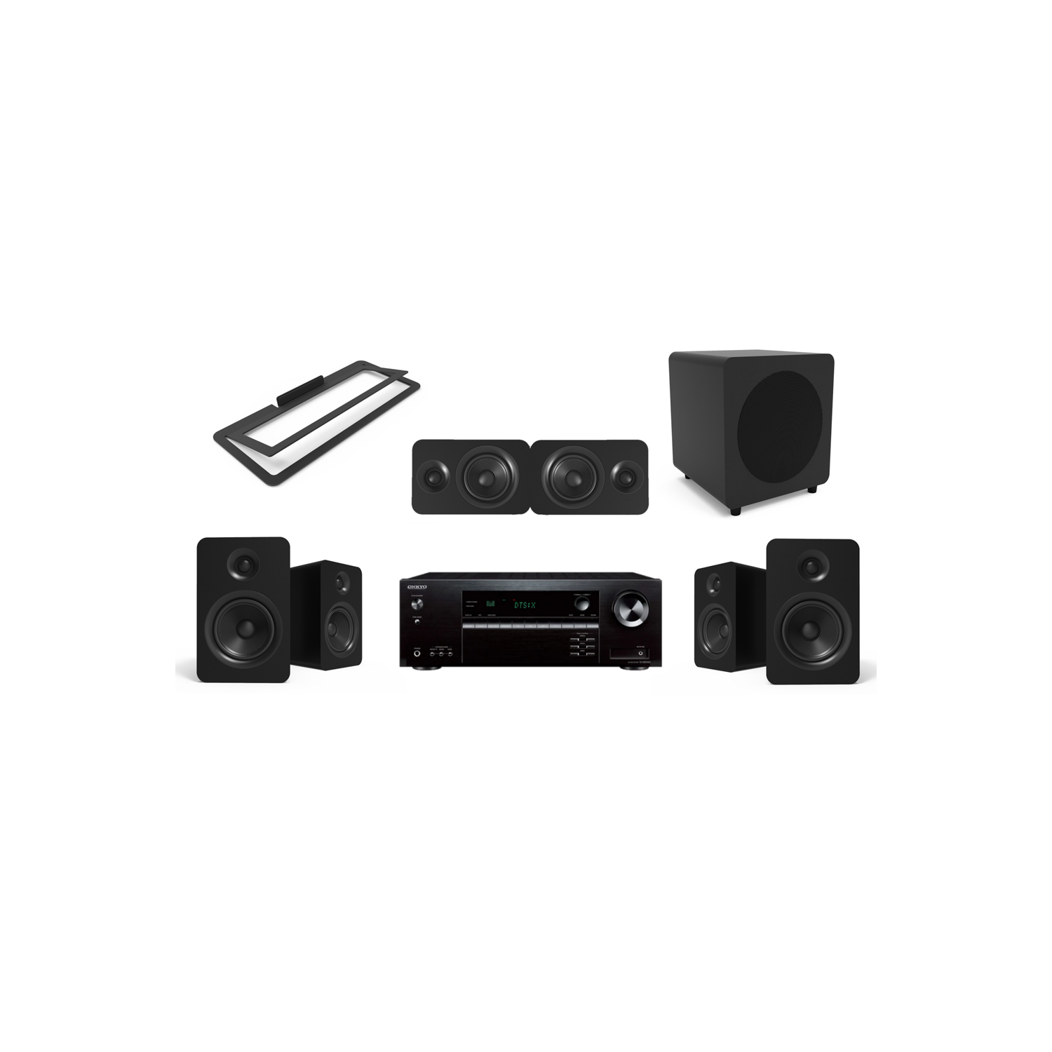 Onkyo 7.2 Ch 8K eARC Receiver | Kanto Speakers | 5.1 Ch Home Theatre System (Black) w/ Center Channel Speaker Stand & 100ft 14 Gauge OFC Speaker Wire