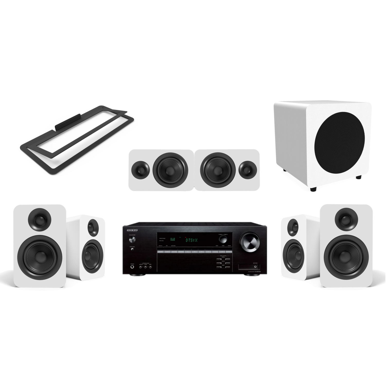 Onkyo 7.2 Ch 8K eARC Receiver | Kanto Speakers | 5.1 Ch Home Theatre System (White) w/ Center Channel Speaker Stand & 100ft 14 Gauge OFC Speaker Wire