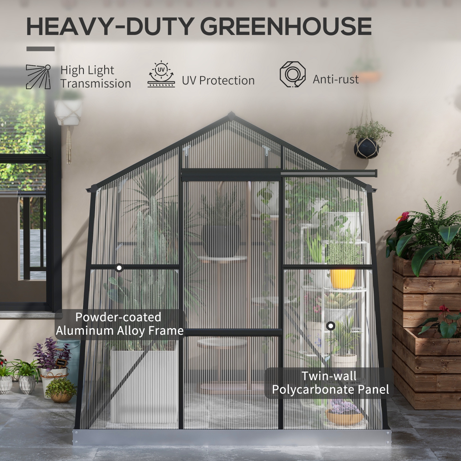 Outsunny 6' x 8' Polycarbonate Greenhouse, Reinforced Aluminium Walk-in Green House with Sliding Door, Roof Vent, Rain Gutter and Foundation Kit,