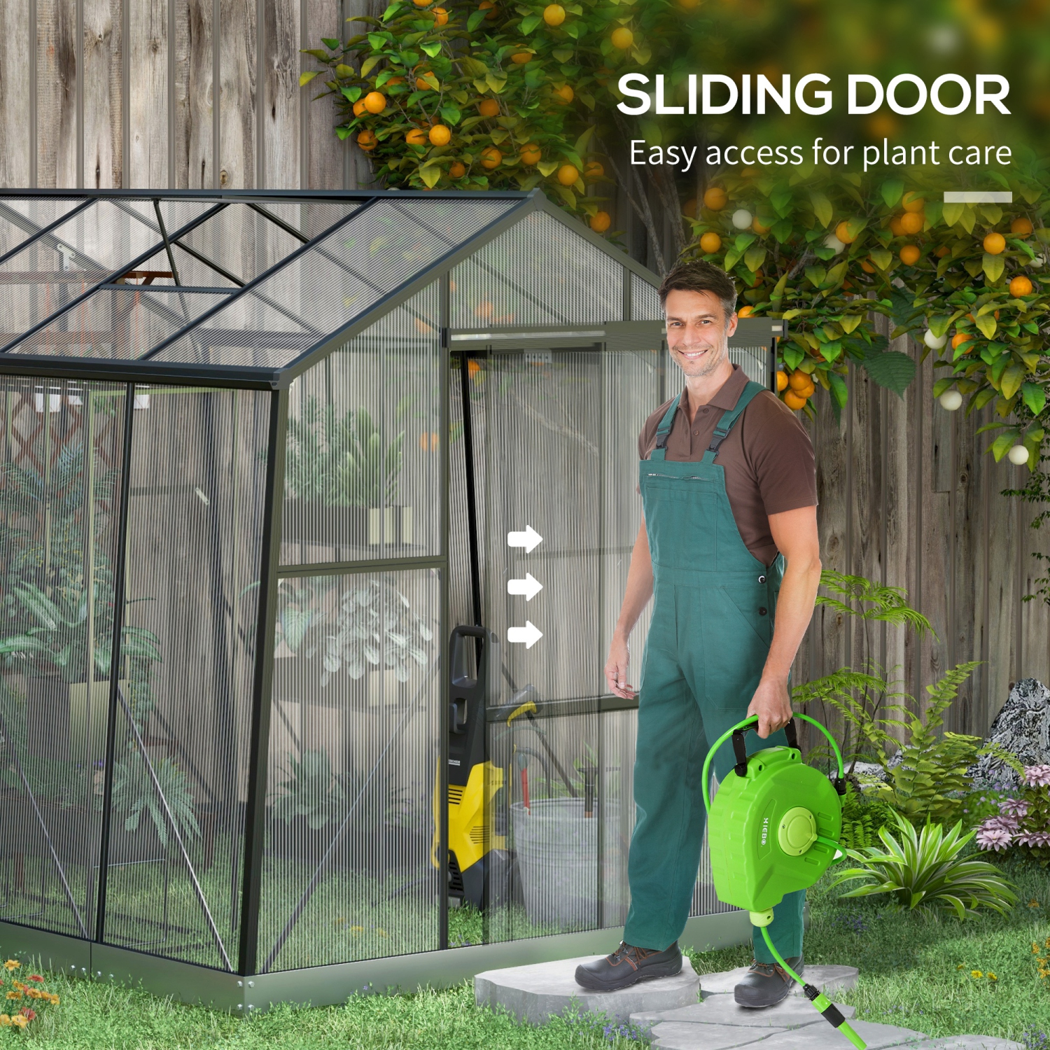 Outsunny 6' x 8' Polycarbonate Greenhouse, Reinforced Aluminium Walk-in Green House with Sliding Door, Roof Vent, Rain Gutter and Foundation Kit,