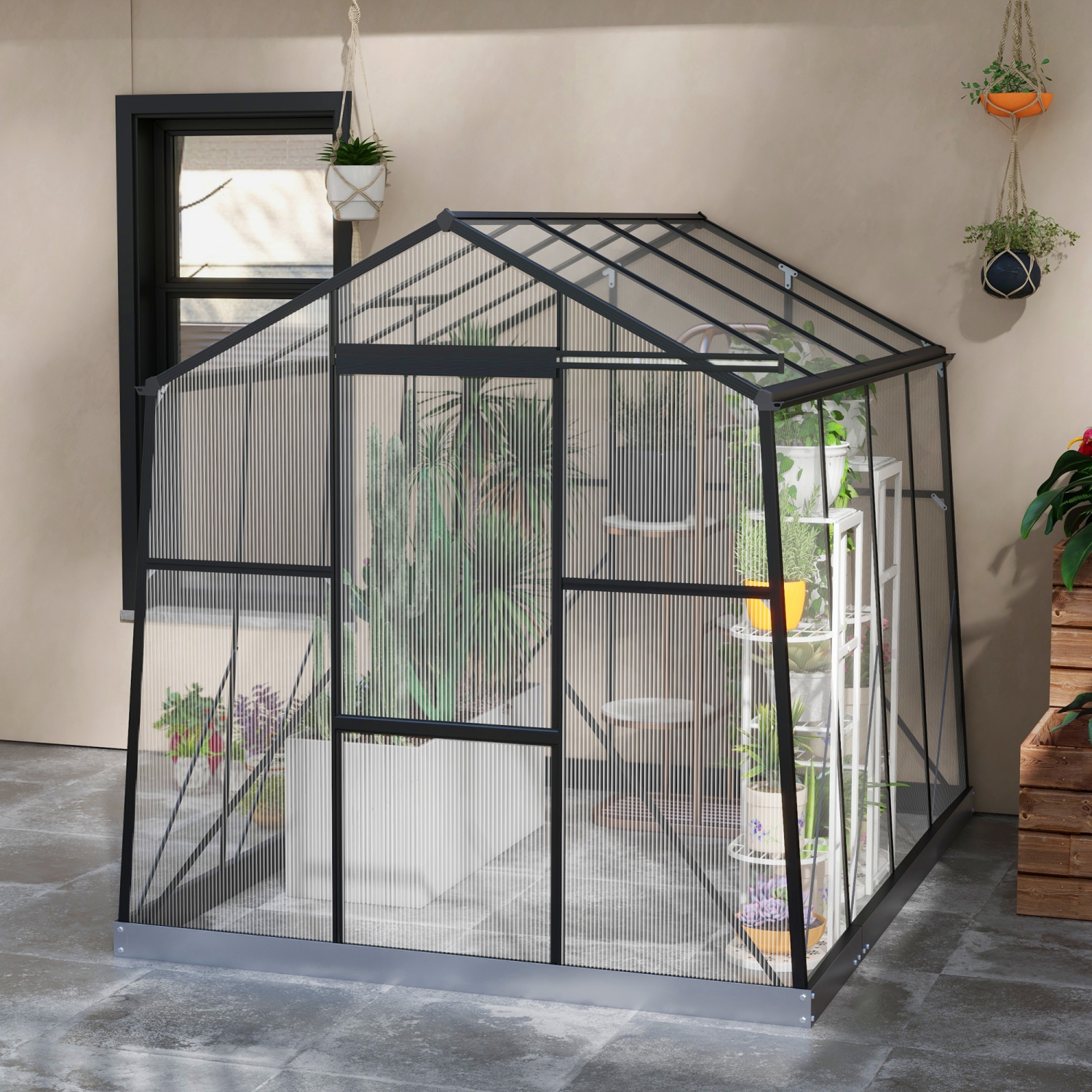 Outsunny 6' x 8' Polycarbonate Greenhouse, Reinforced Aluminium Walk-in Green House with Sliding Door, Roof Vent, Rain Gutter and Foundation Kit,