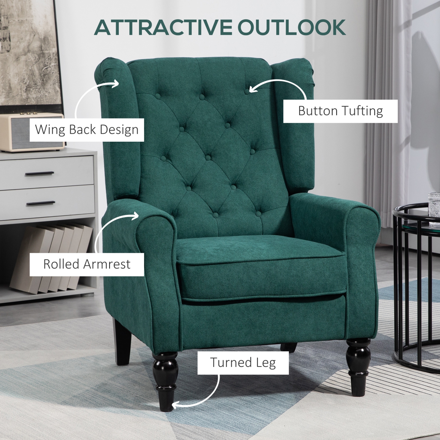 HOMCOM Fabric Accent Chair, Button Tufted Armchair, Upholstered Modern Living Room Chair, Wingback Chair with Wood Legs, Rolled Arms, Thick Padding