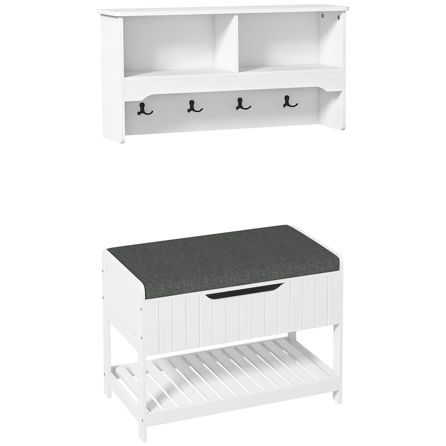 HOMCOM Coat Rack with Shoe Storage Bench, Modern 5-in-1 Hall Tree with 4 Double Hooks, Hidden Compartment and Shelves, Coat Hanger Stand for Hallway,