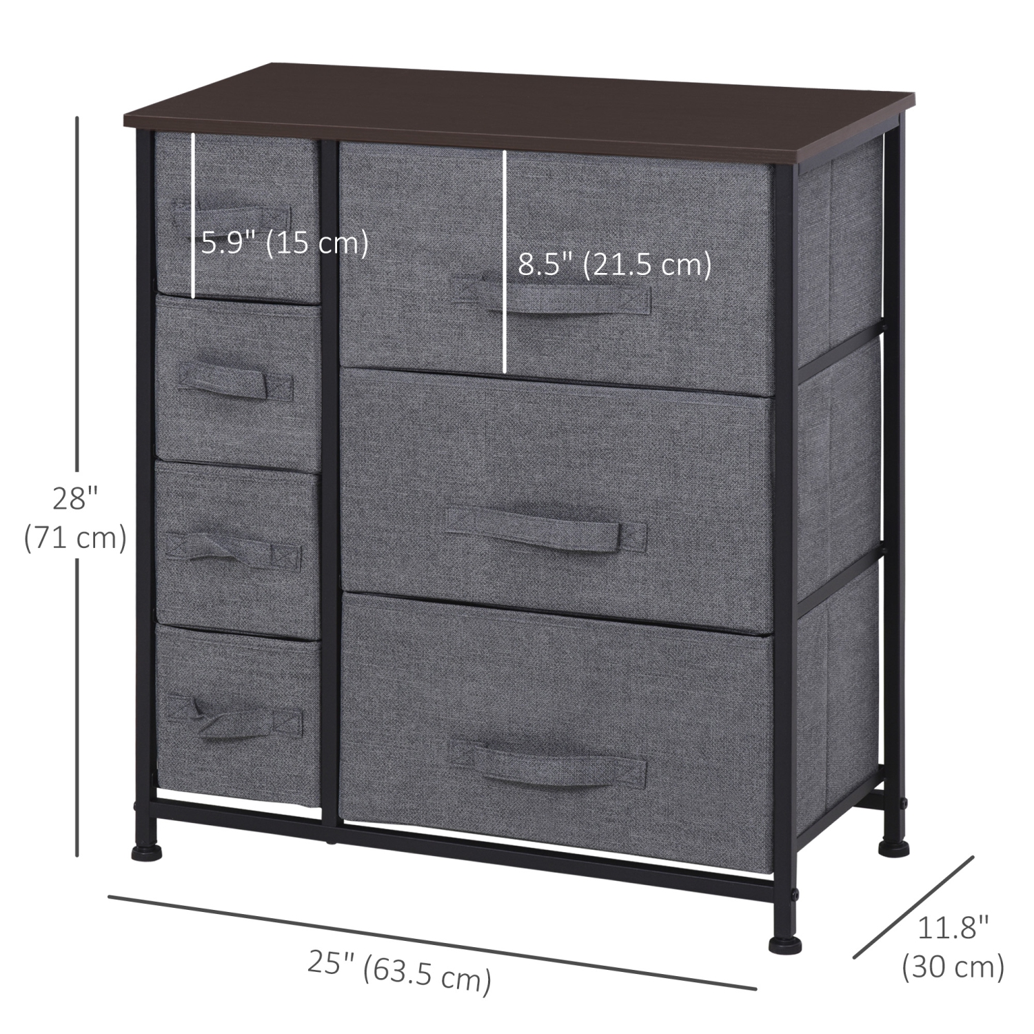 Commode de HOMCOM pour chambre à coucher avec 7 tiroirs, commode avec cadre en métal, commode en tissu pour salon, entrée, couloir, gris foncé