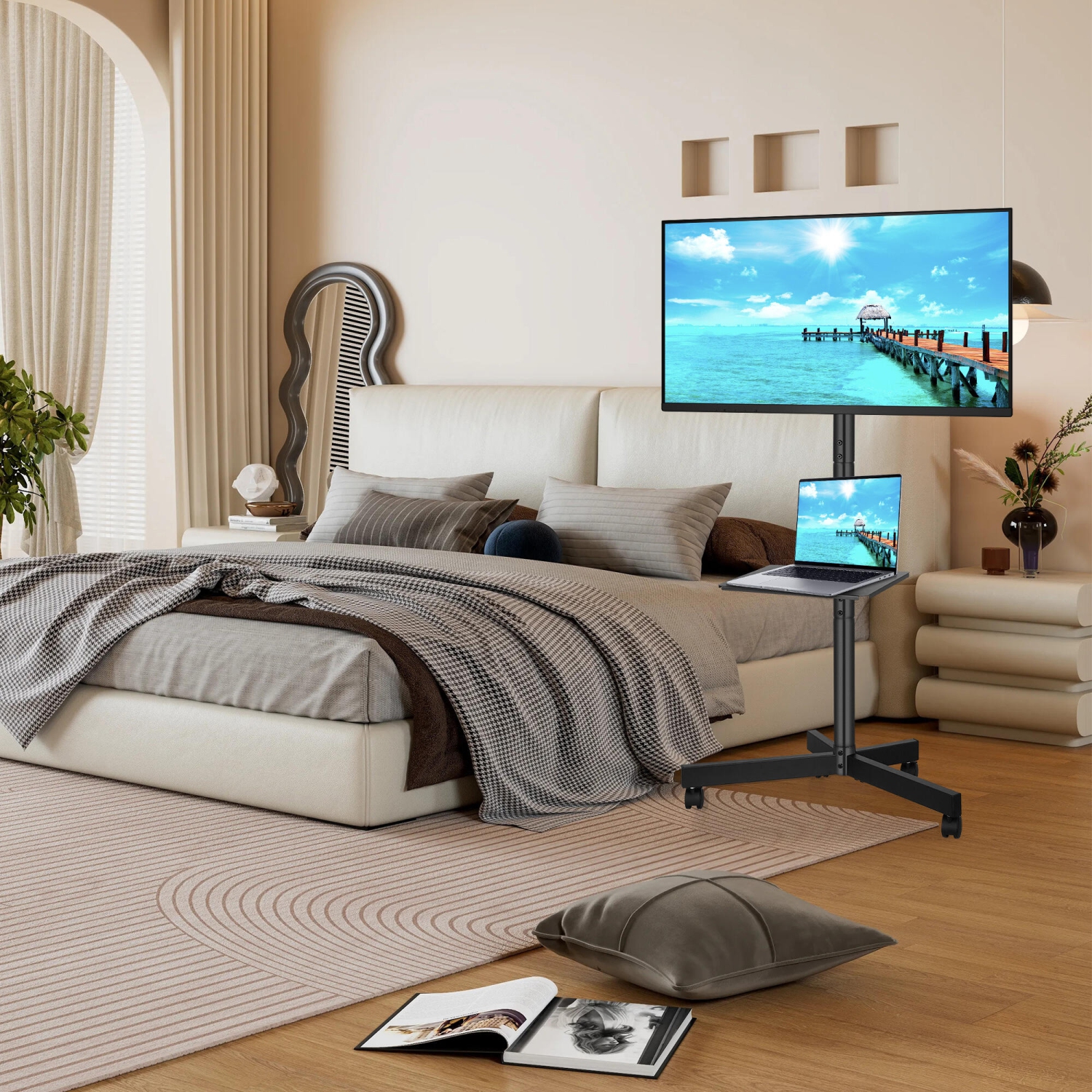 TV Stand Cart for 26"-60" Screens, Mobile TV Floor Stand with Laptop Tray Hold up to 88lbs and Max VESA 400x400mm