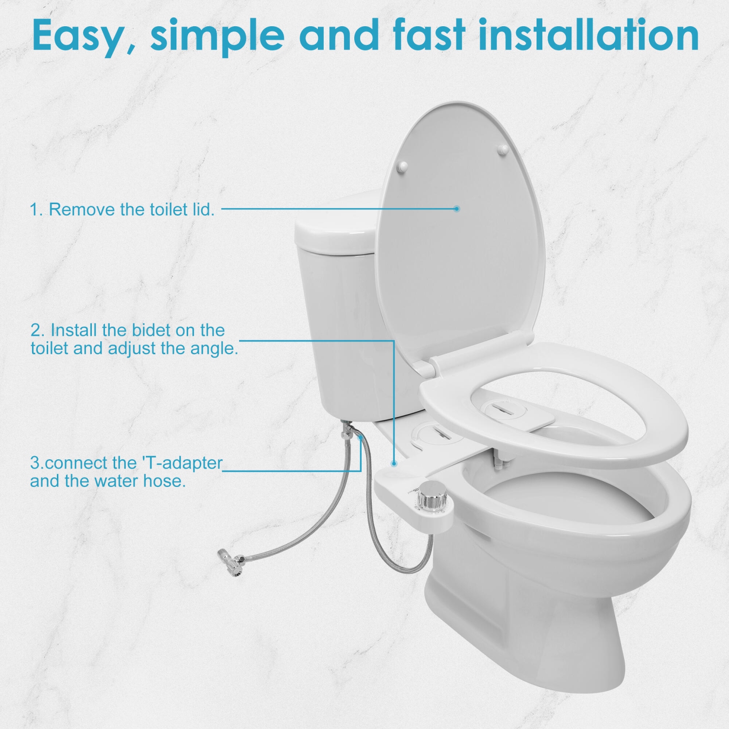 Accessoire de bidet de toilette à deux buses Autonettoyant non électrique, modèle ultramince de 0,23 po, pression d'eau réglable pour lavage