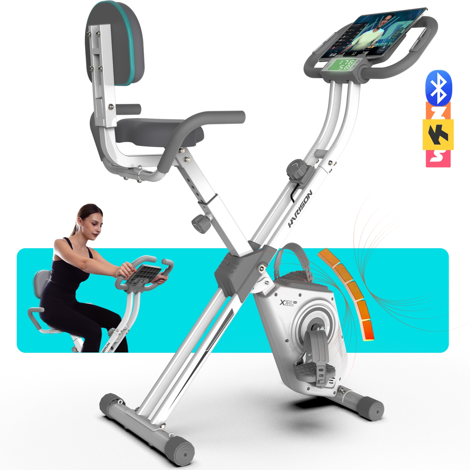 HARISON Foldable Exercise Bike with Arm Resistance Bands 350 LBS Capacity, 5 in 1 Magnetic Stationary Bikes for Home with 16-Level Resistance and