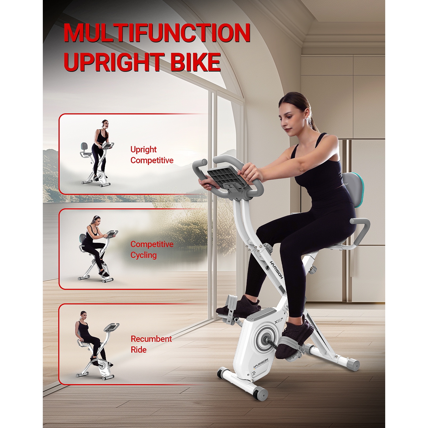 HARISON Foldable Exercise Bike with Arm Resistance Bands 350 LBS Capacity, 5 in 1 Magnetic Stationary Bikes for Home with 16-Level Resistance and