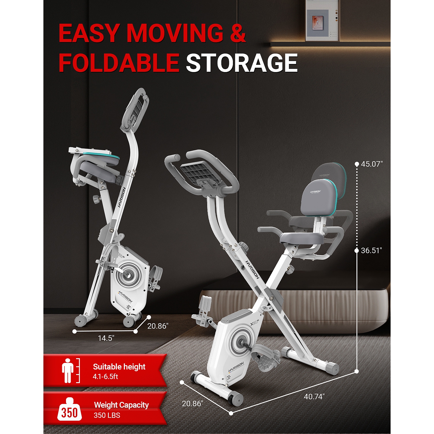 HARISON Foldable Exercise Bike with Arm Resistance Bands 350 LBS Capacity, 5 in 1 Magnetic Stationary Bikes for Home with 16-Level Resistance and