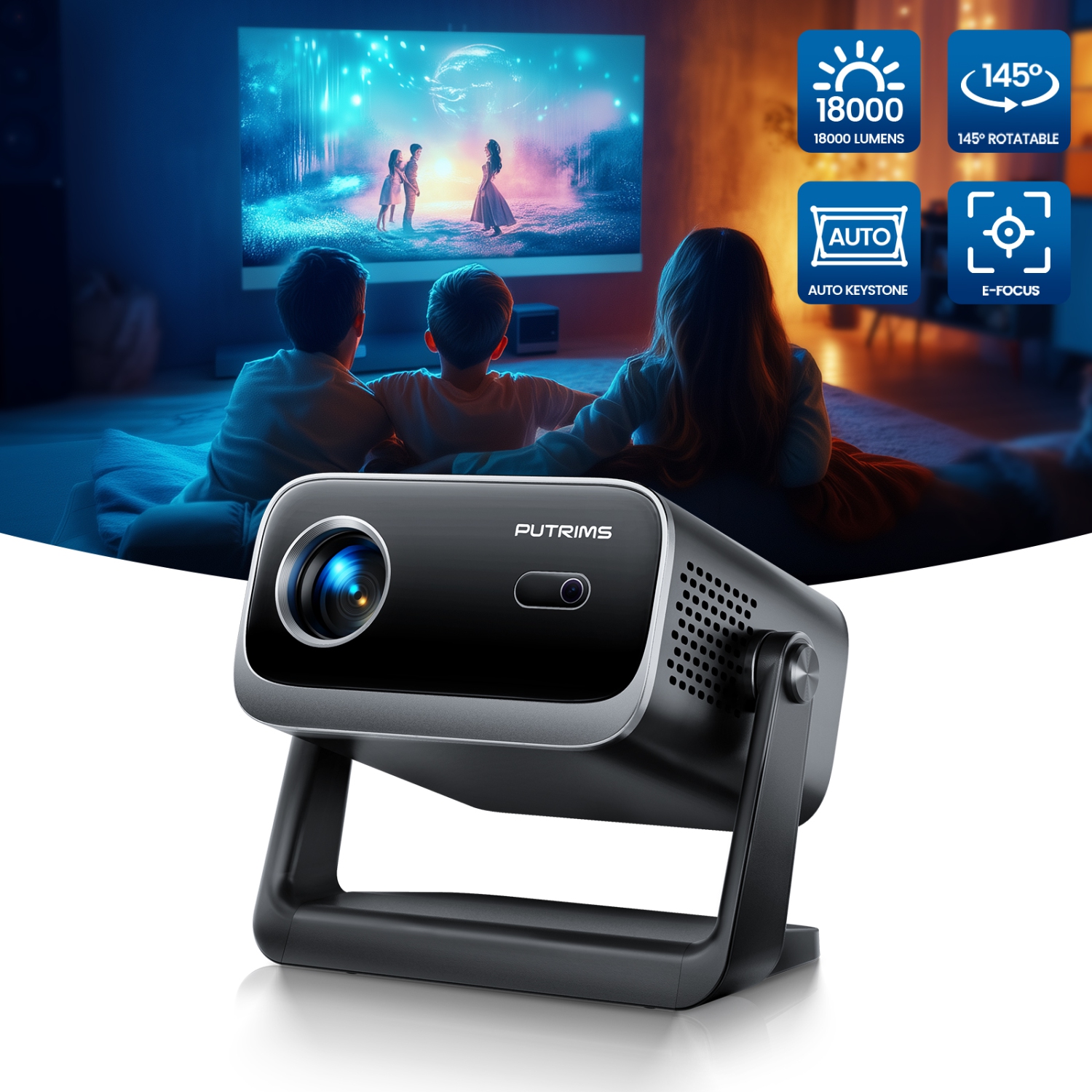 [Electric Focus & Auto Keystone] Mini Projector with WiFi Bluetooth, PUTRIMS Portable 1080P Support Movie Projector 145° Rotatable 50% Small Projector for Phone TV Stick HDMI USB