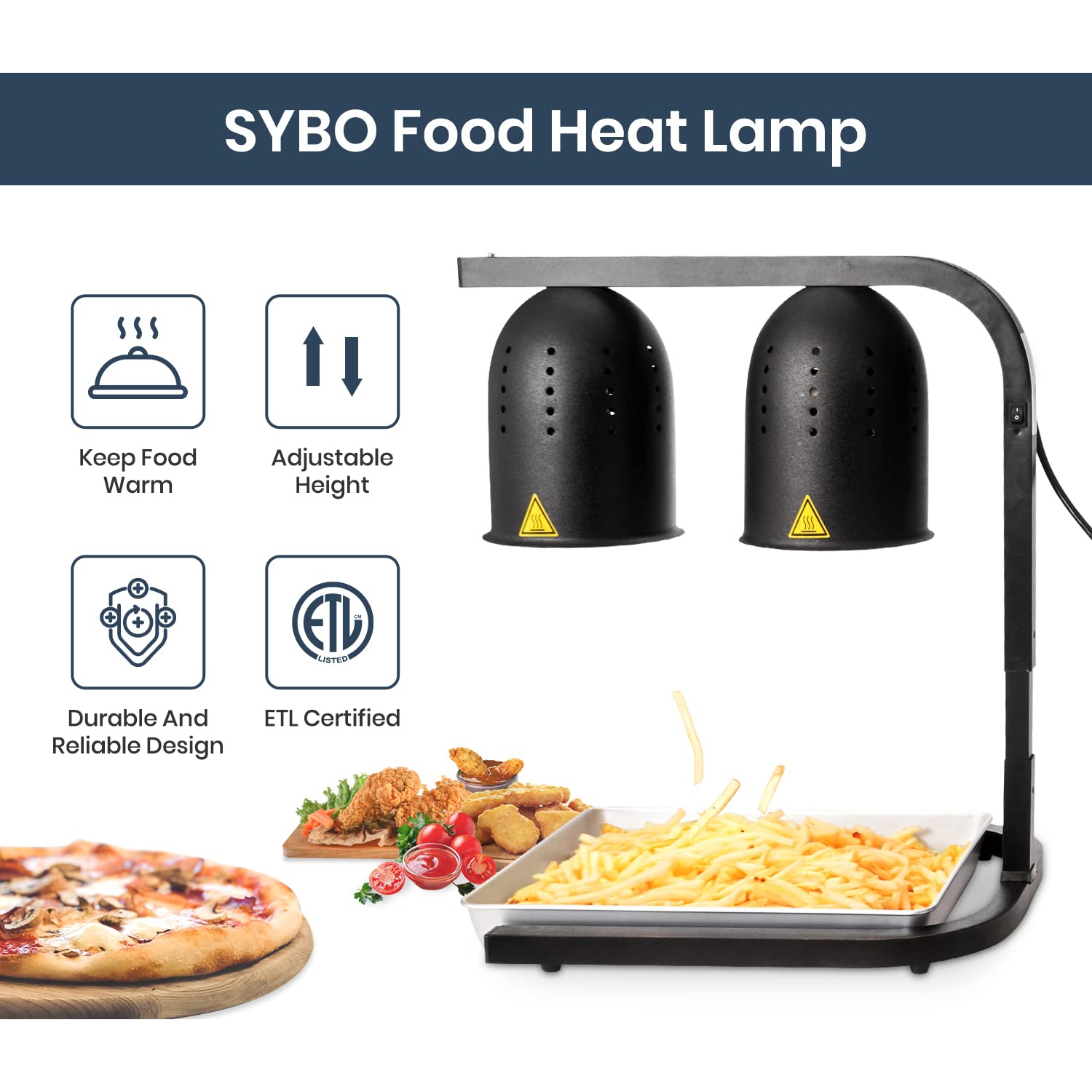 SYBO DL2112 Commercial Grade Food Heat Lamp Portable Electric Food Warmer 2-Bulb with Free-Standing, 500W, Black(Black)