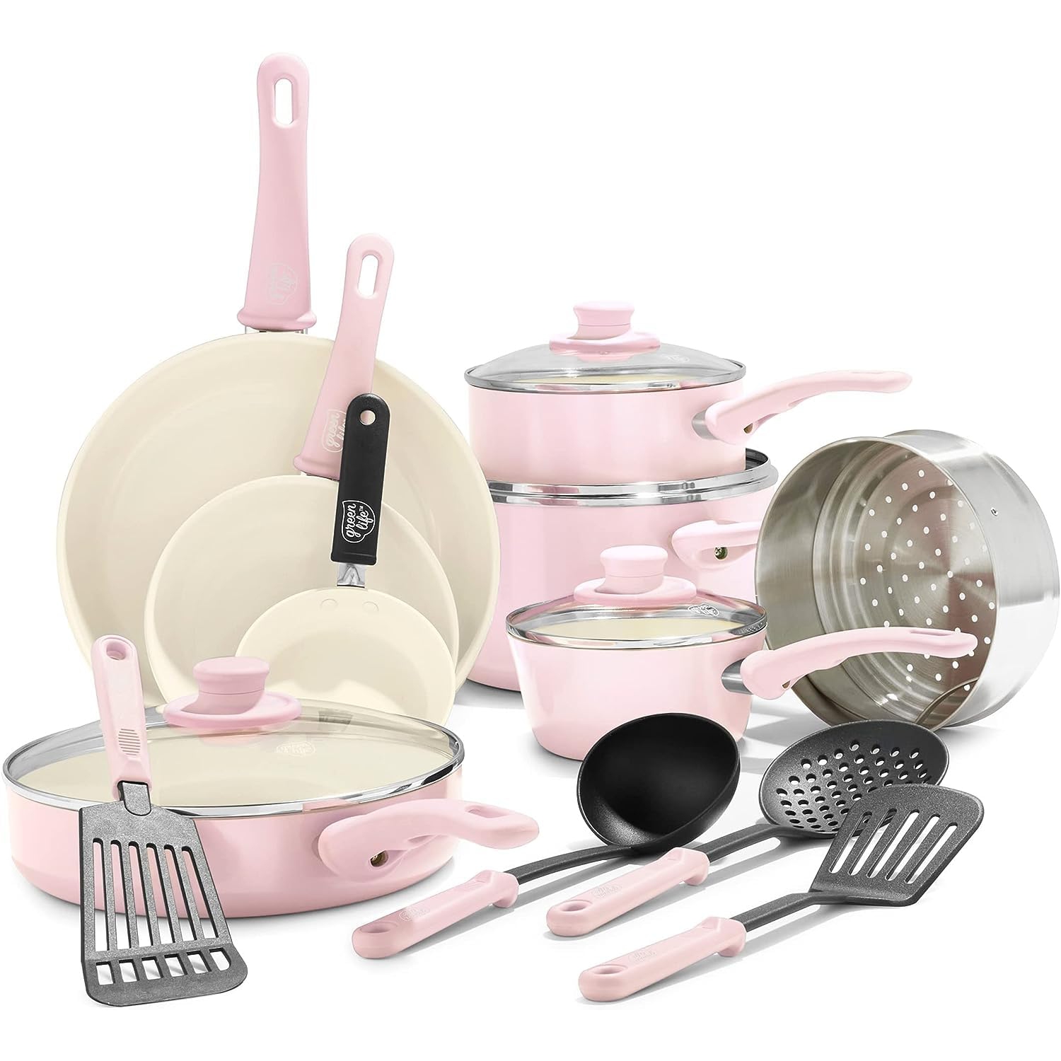 GreenLife Soft Grip Healthy Ceramic Nonstick, 16 Piece Cookware Pots and Pans Set, PFAS-Free, Dishwasher Safe, Soft Pink