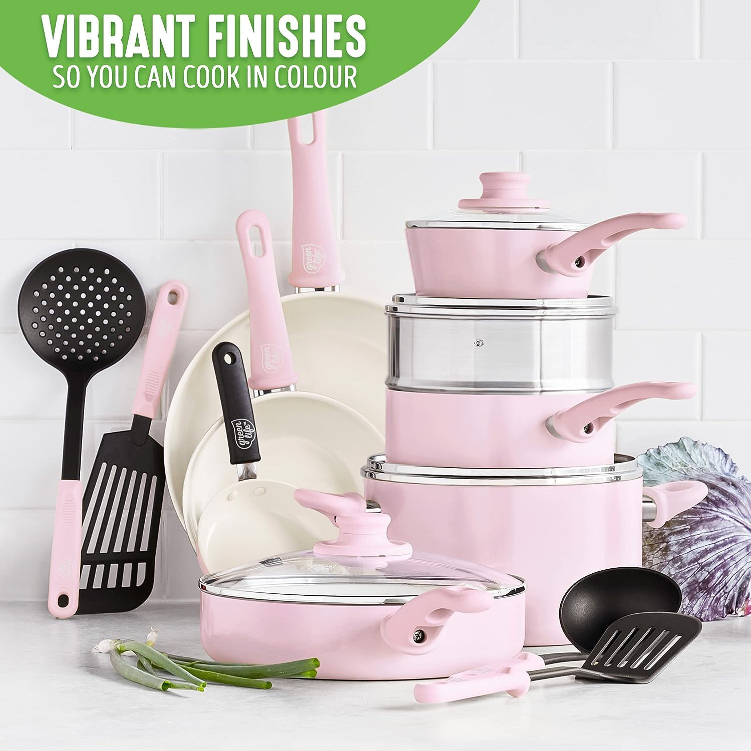 GreenLife Soft Grip Healthy Ceramic Nonstick, 16 Piece Cookware Pots and Pans Set, PFAS-Free, Dishwasher Safe, Soft Pink