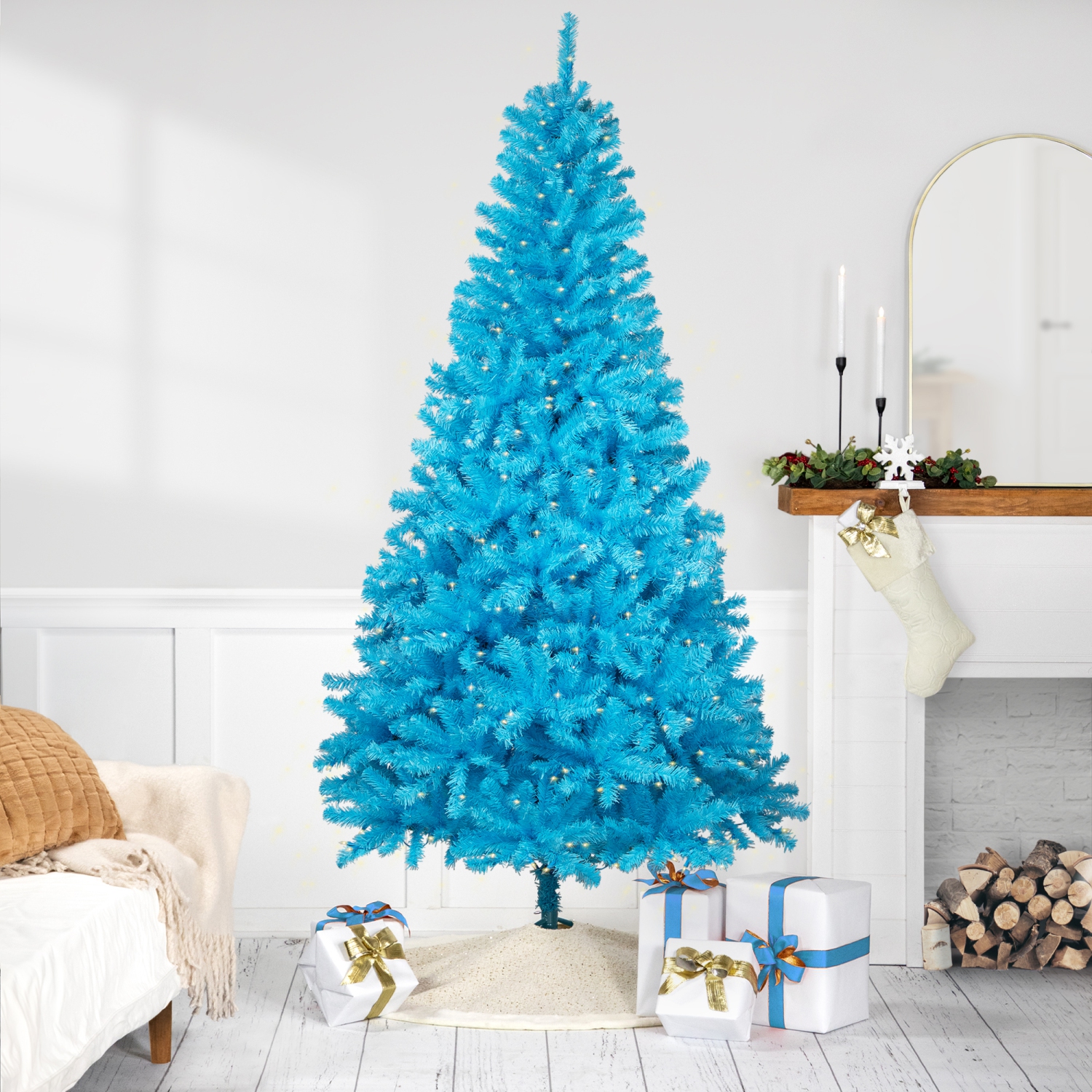 Pre-Lit Medium Artificial Pine Christmas Tree - 7' - Sky Blue - Clear Lights