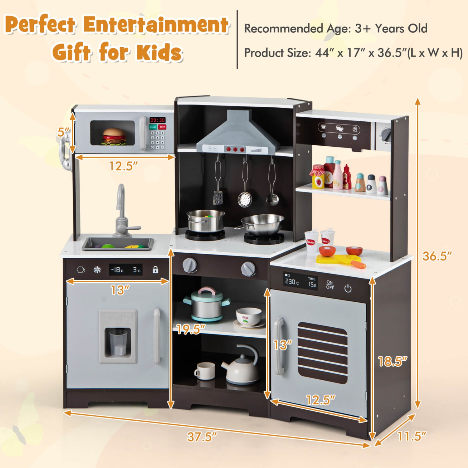 Costway Pretend Play Kitchen for Kids Toddler Aged 3+ Wooden Toy Set with Range Hood