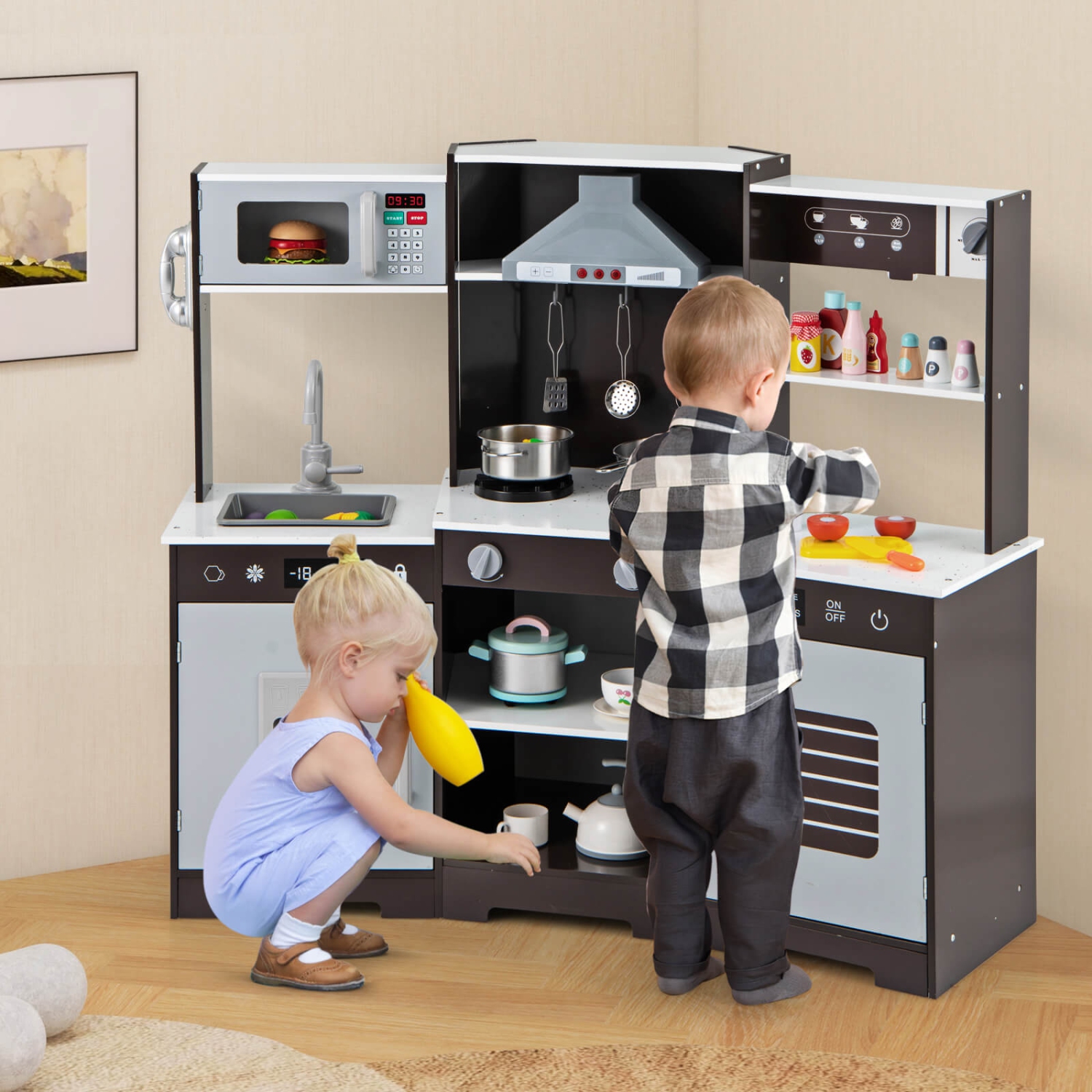 Costway Pretend Play Kitchen for Kids Toddler Aged 3+ Wooden Toy Set with Range Hood